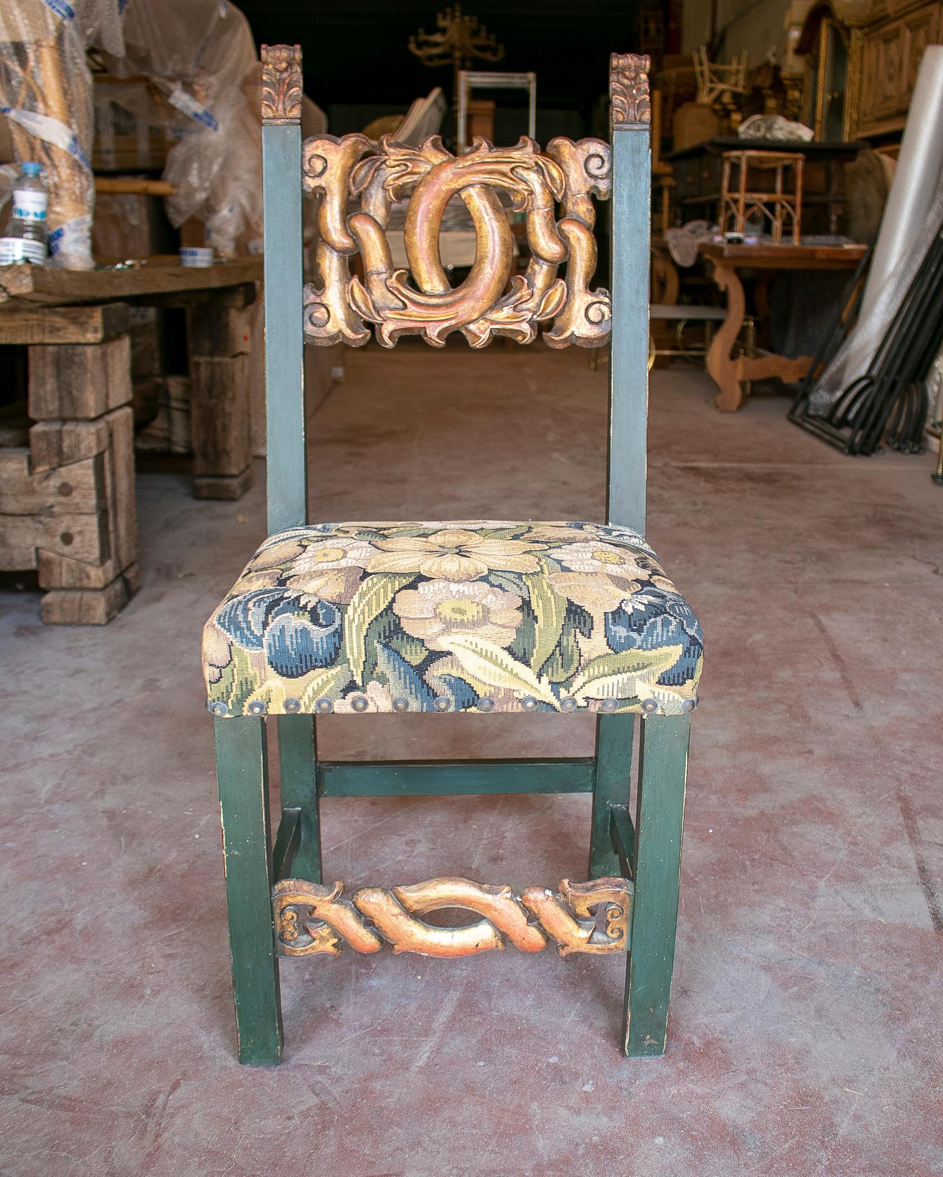 Set of Ten 1950s Spanish Hand Carved Wooden Chairs w/ Embroidery Seats In Good Condition For Sale In Marbella, ES