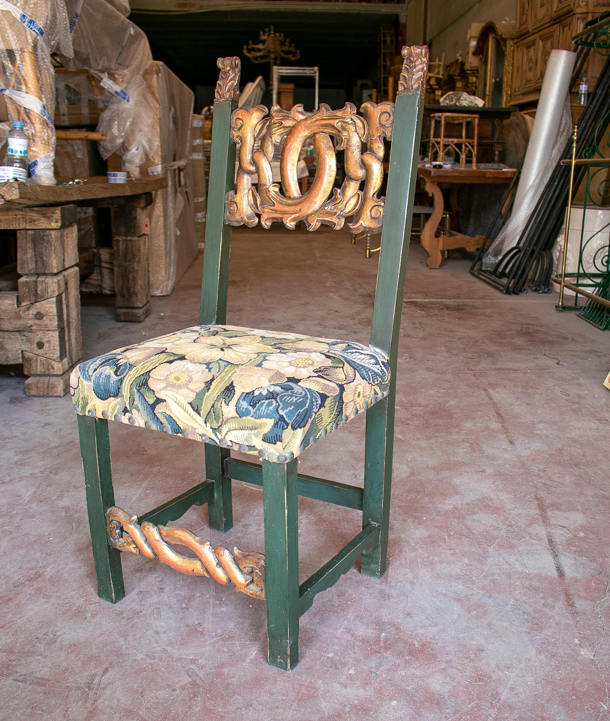 Late 20th Century Set of Ten 1950s Spanish Hand Carved Wooden Chairs w/ Embroidery Seats For Sale