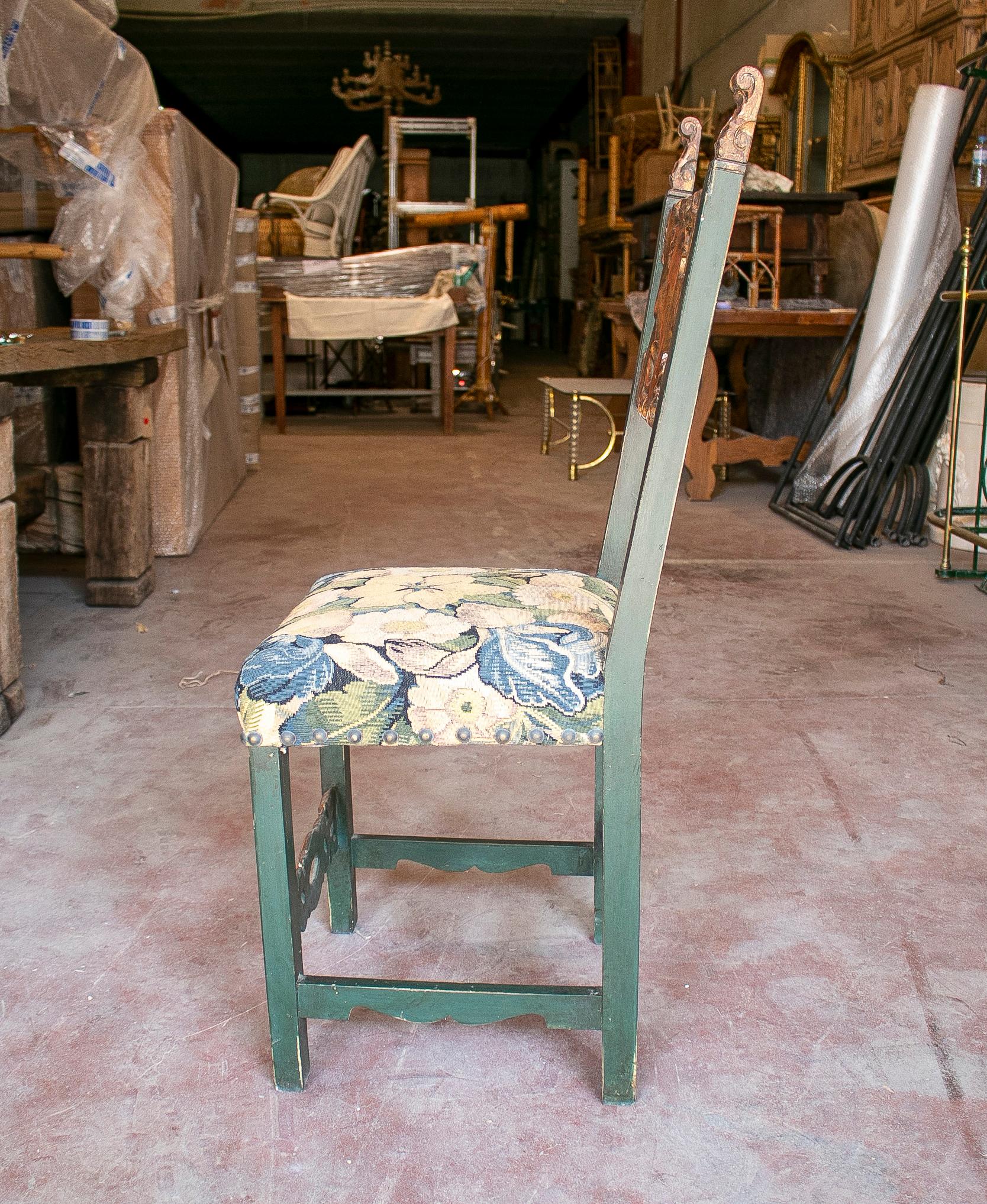 Set of Ten 1950s Spanish Hand Carved Wooden Chairs w/ Embroidery Seats For Sale 1