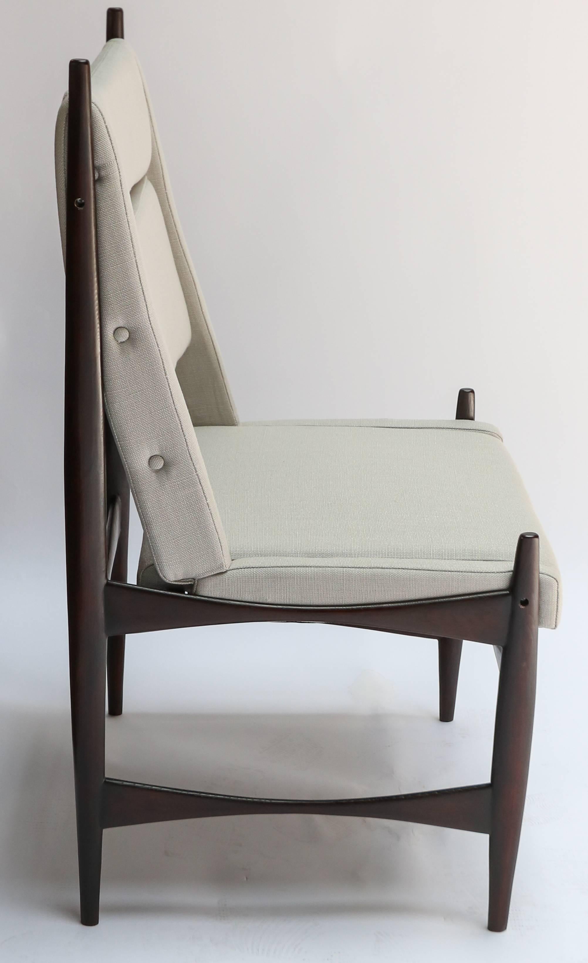 Set of ten midcentury Brazilian wood dining chairs uniquely upholstered in grey / beige linen.