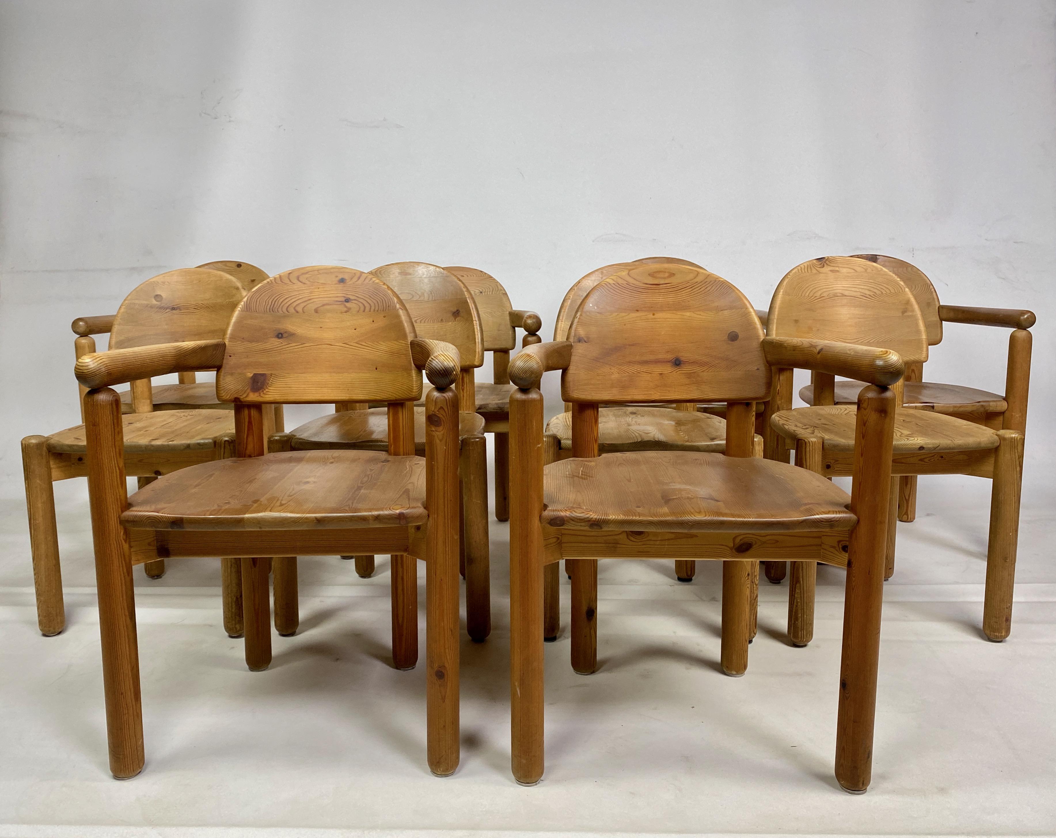 Set of ten dining chairs

Pine

Attributed to Rainer Daumiller

Six armchairs

Four without arms

Original condition

Some variance in colour

Chairs measure 82h x 48w x 45d cm

Seat height 46cm

Denmark 1970s.

