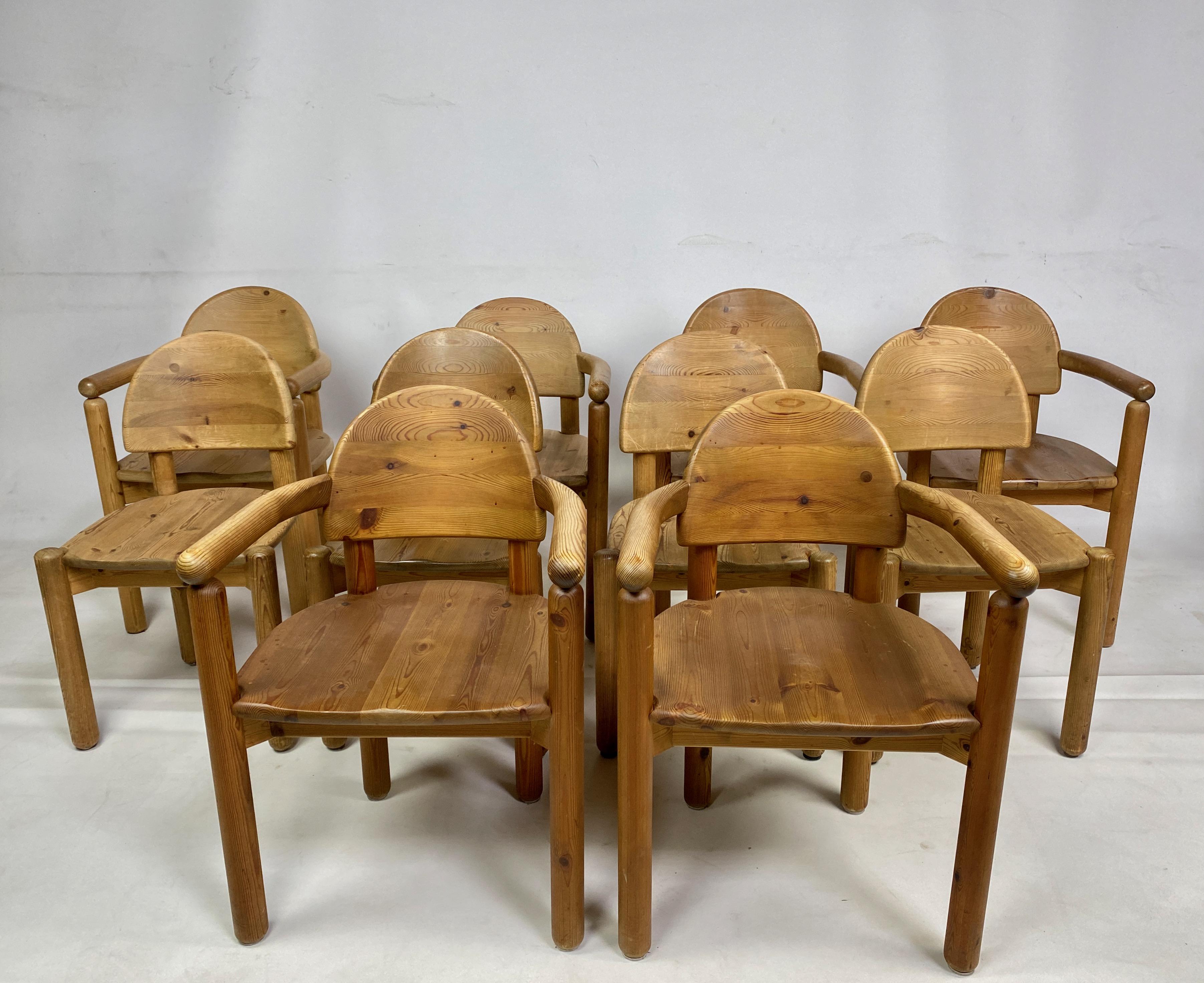 Mid-Century Modern Set of Ten 1970s Pine Dining Chairs Attr. Rainer Daumiller For Sale