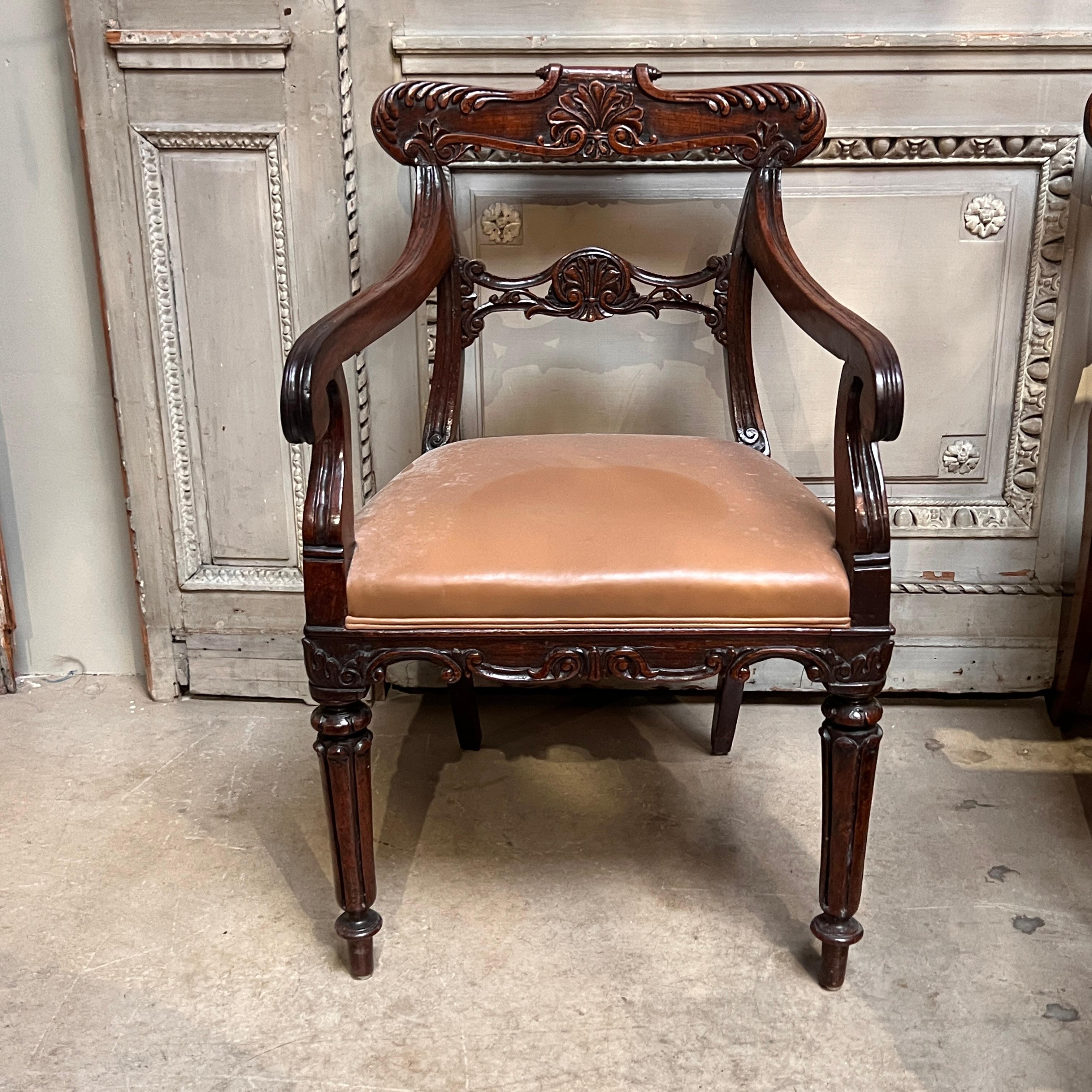 Hand-Carved Set of Ten 19th Century Anglo-Indian Padouk Wood Dining  Armchairs For Sale