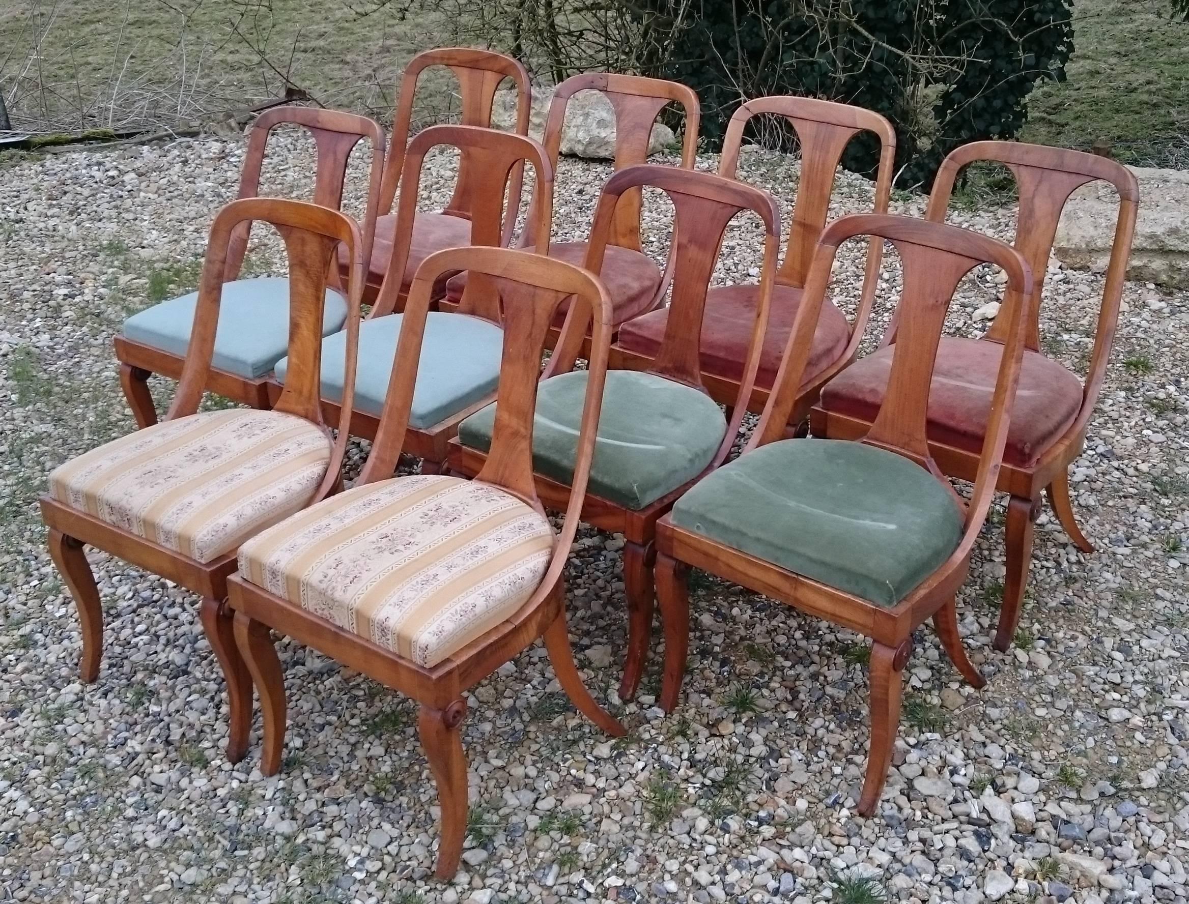 Set of Ten 19th Century Antique Walnut Biedermeier Dining Chairs 1
