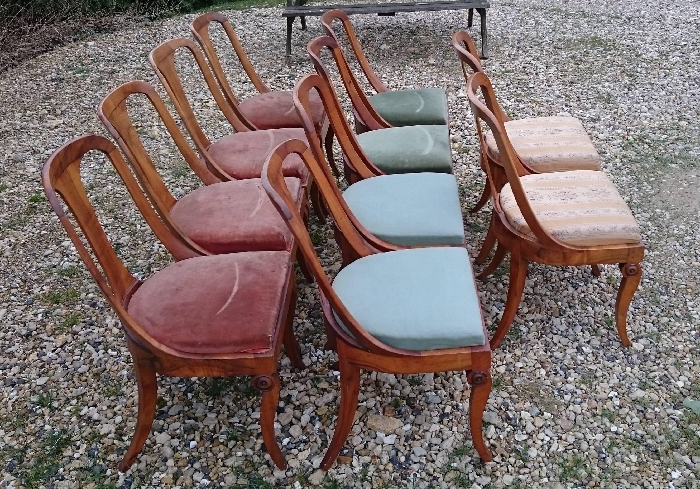 Set of Ten 19th Century Antique Walnut Biedermeier Dining Chairs 4