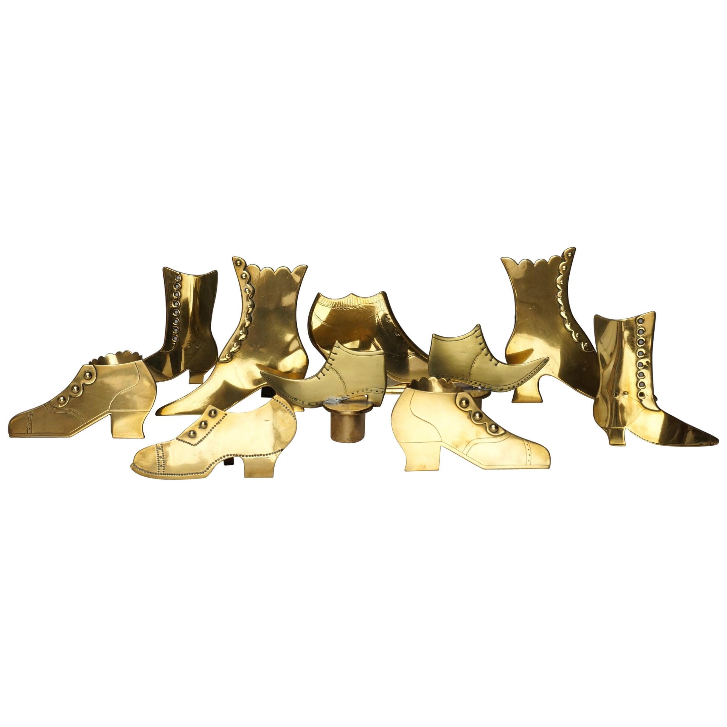 Set of Ten 19th Century English Victorian Brass Chimney Good Luck Shoes or Boots For Sale