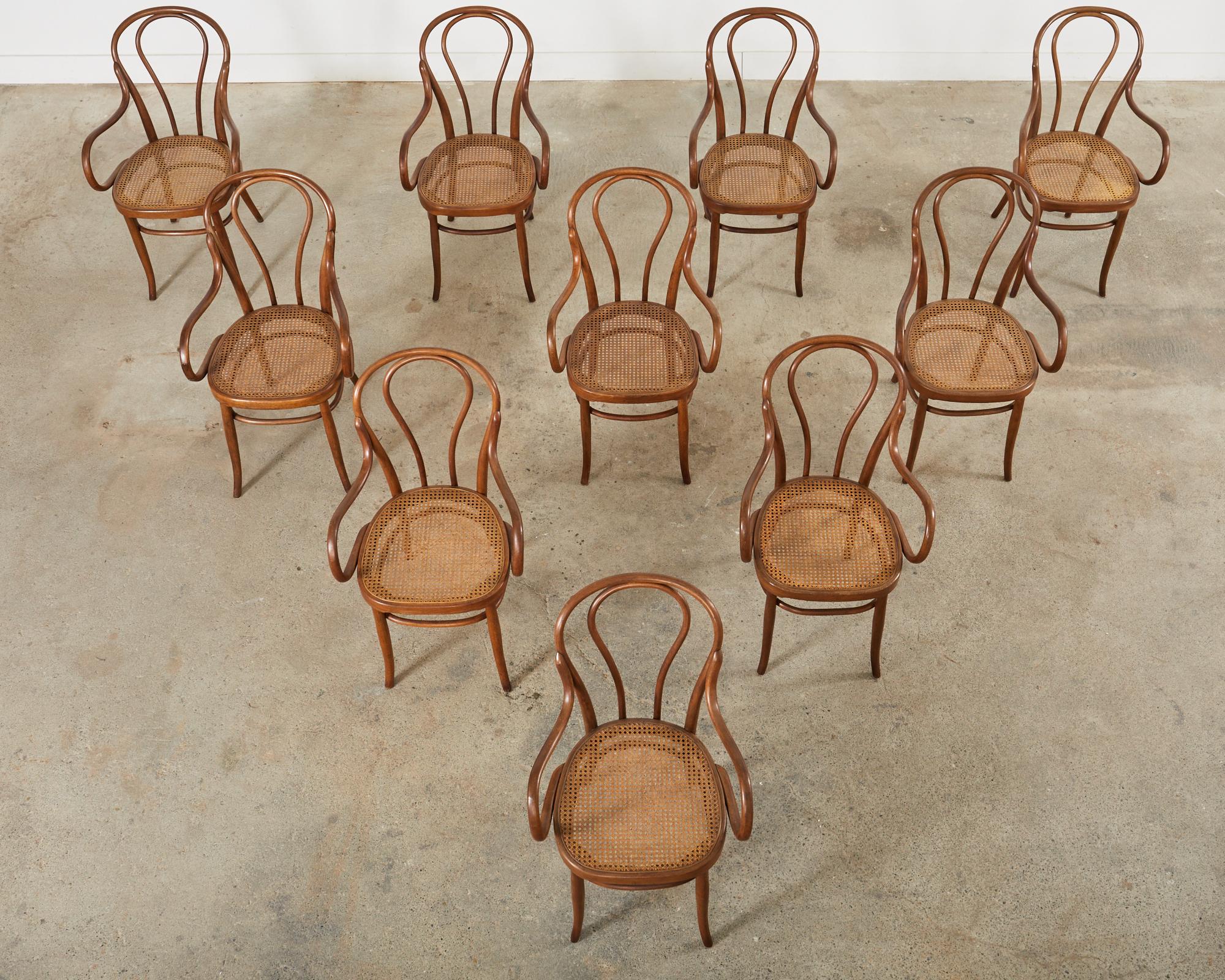 Vienna Secession Set of Ten 19th Century J and J Kohn Bentwood Cane Armchairs For Sale