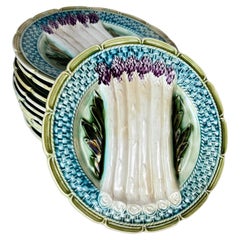 Set of ten, 19th Century Majolica Asparagus Plates Orchies, signed