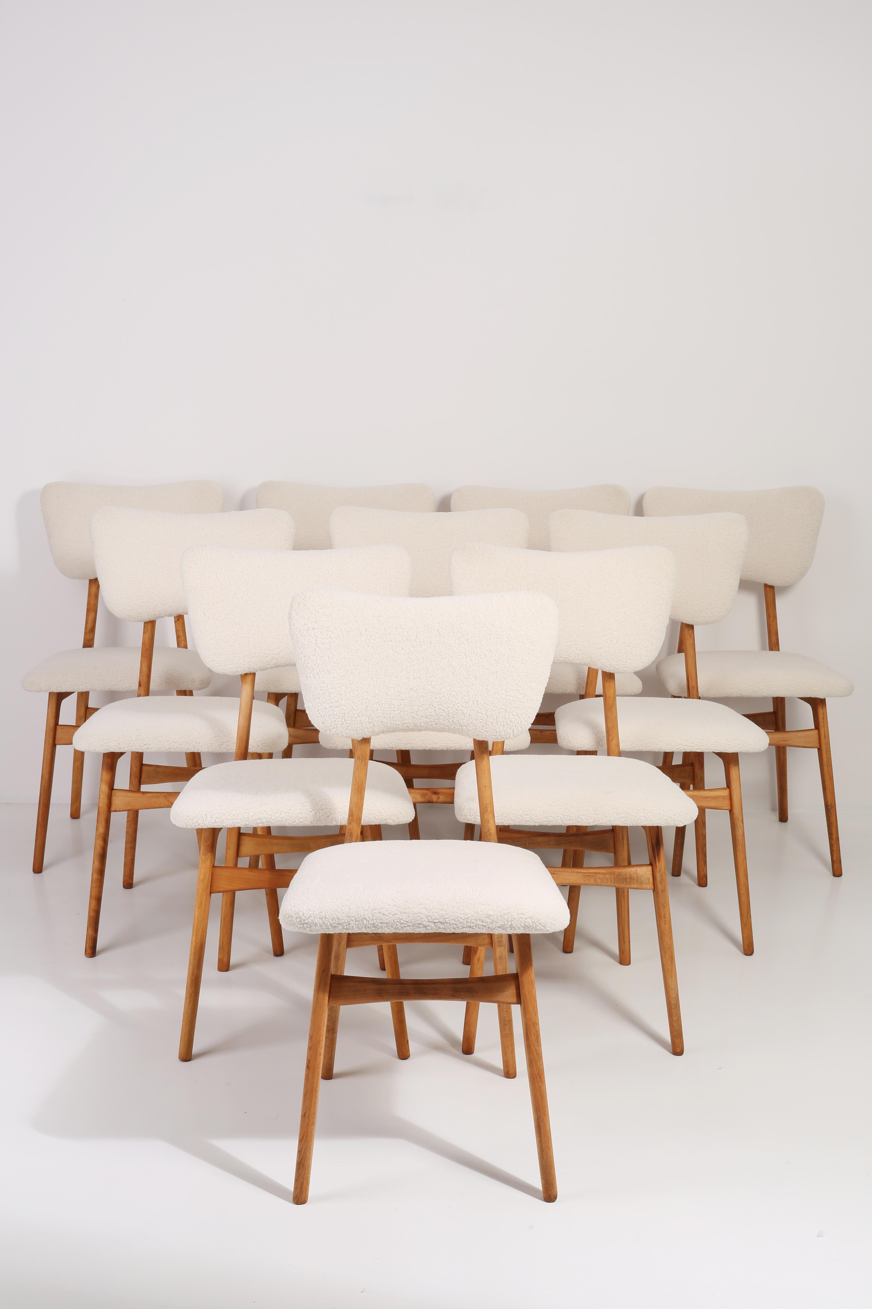 Chairs designed by Prof. Rajmund Halas. Made of beechwood. Chair is after a complete upholstery renovation; the woodwork has been refreshed. Seat and back is dressed in crème, durable and pleasant to the touch bouclé fabric. Chair is stabile and