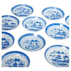 Set of Ten Antique Chinese Blue and White Canton Porcelain Saucers