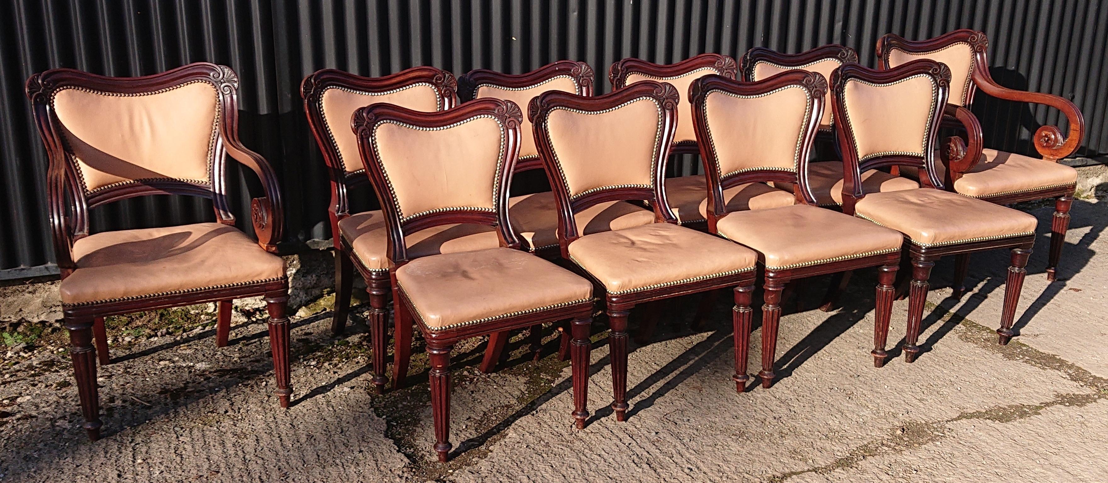 Very fine set of ten antique dining chairs firmly attributed to Gillow of Lancaster and London. This is a very fine set of chairs, they are well made, crisply carved and they are a good scale. The design is straight from the Gillow design book with