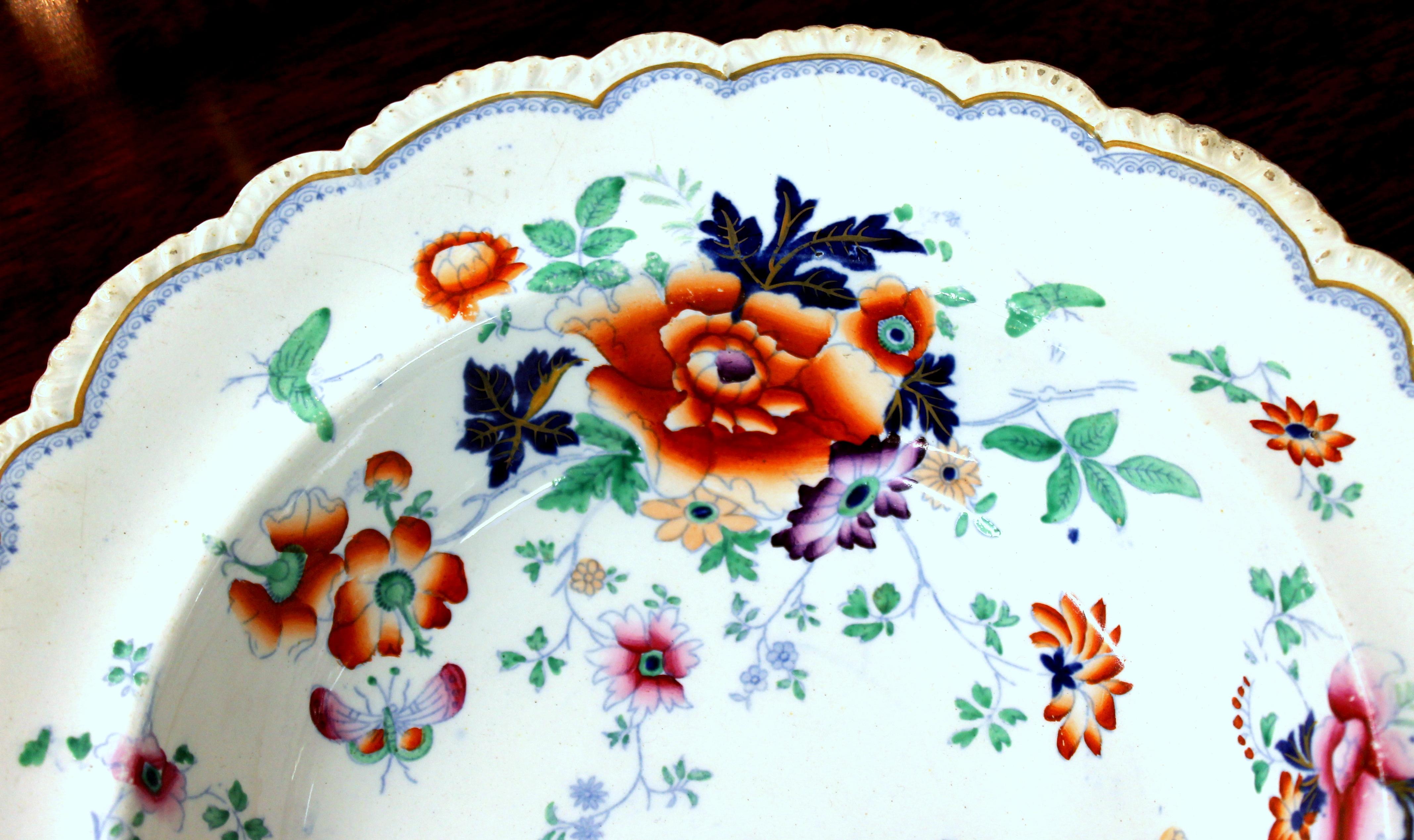 Hand-Painted Set of Ten Antique English Ironstone Rim Soup Plates, Hicks, Meigh and Johnson