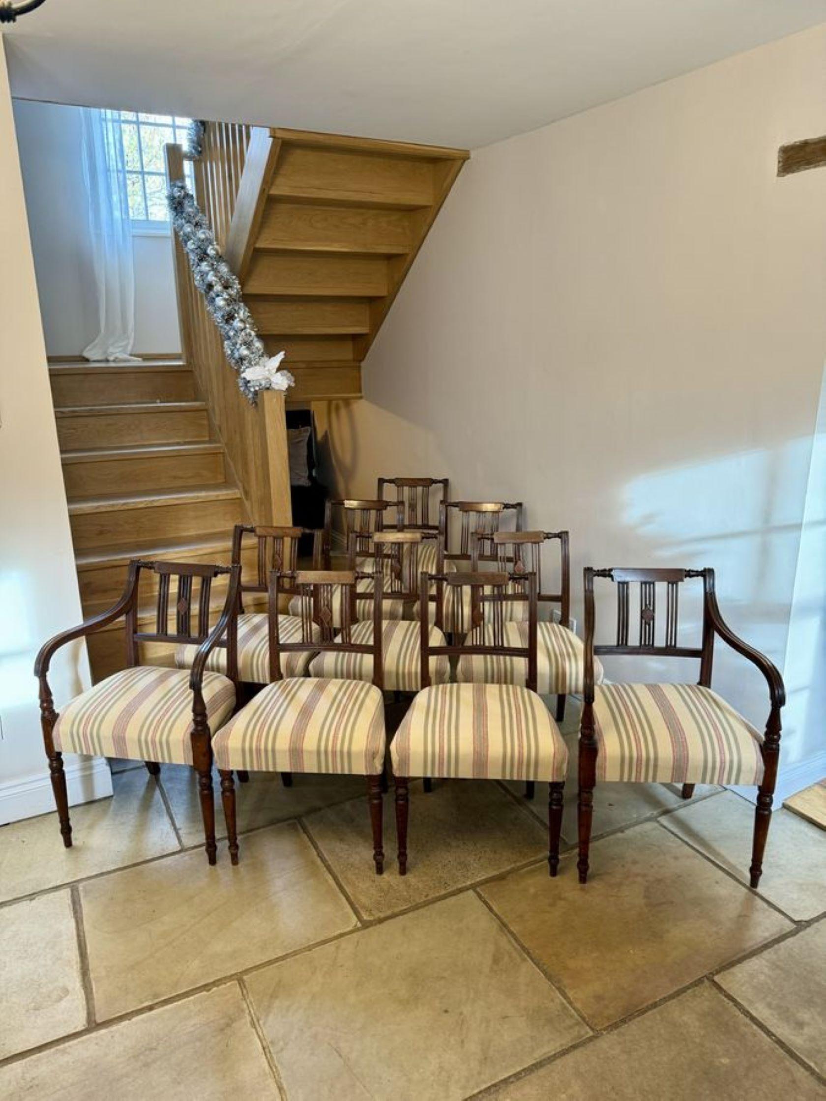 Set of ten antique George III quality mahogany inlaid dining chairs For Sale 10