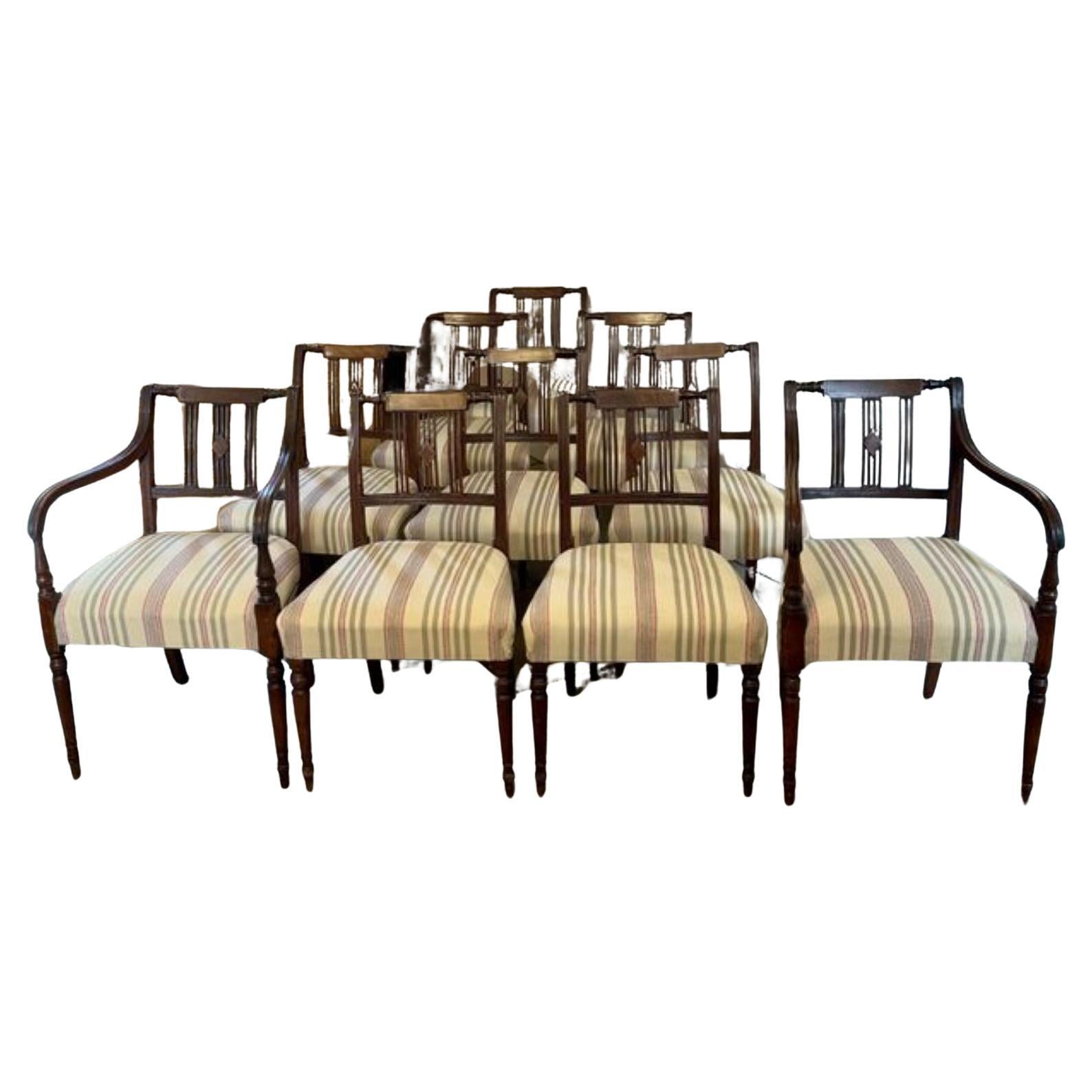 Set of ten antique George III quality mahogany inlaid dining chairs