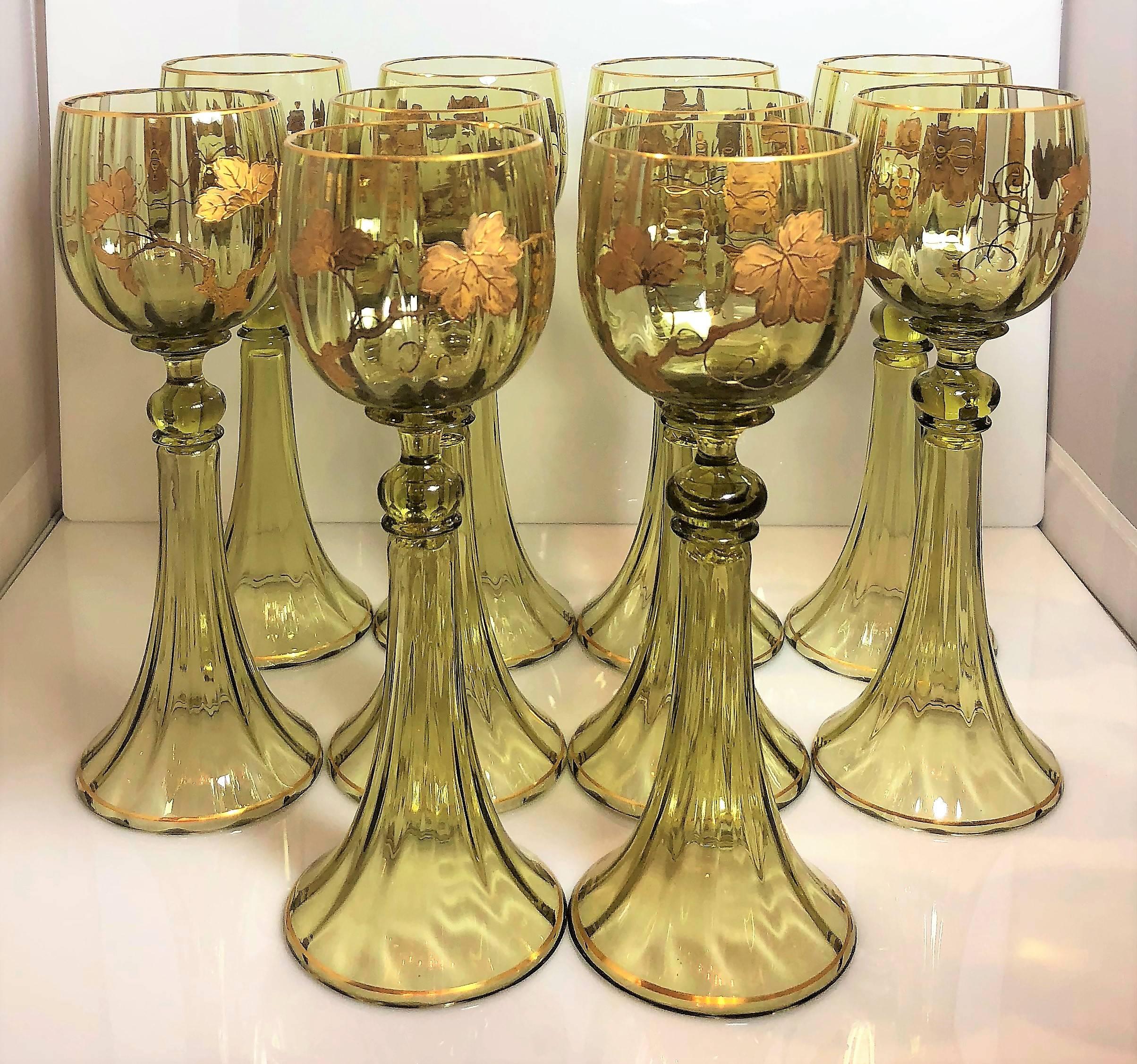 Set of ten antique German Rhine wine glasses, circa 1910.