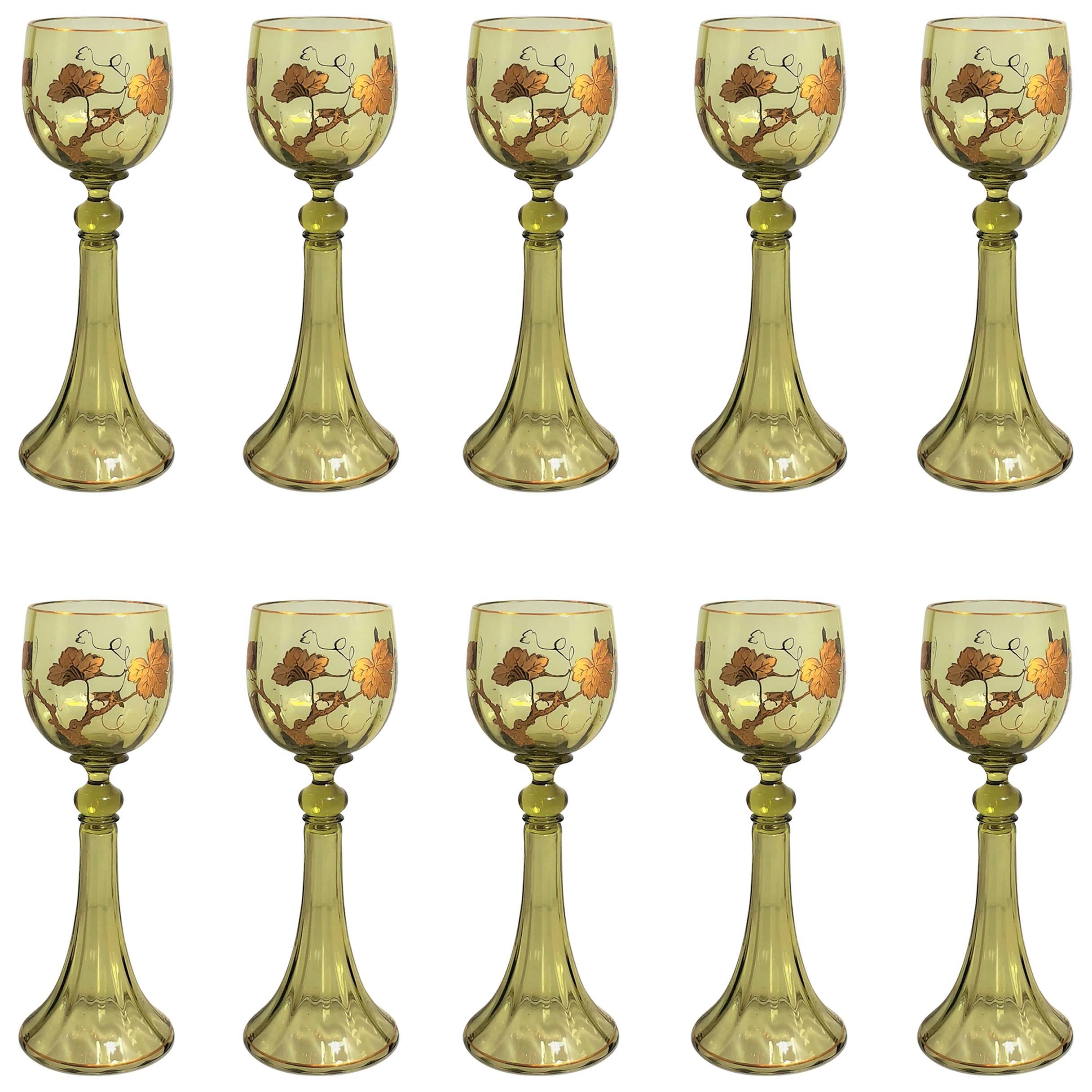 Set of Ten Antique German Rhine Wine Glasses, circa 1910