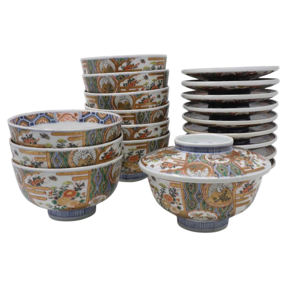 Ensemble de dix bols à riz couverts anciens en porcelaine Imari Porcelain en vente