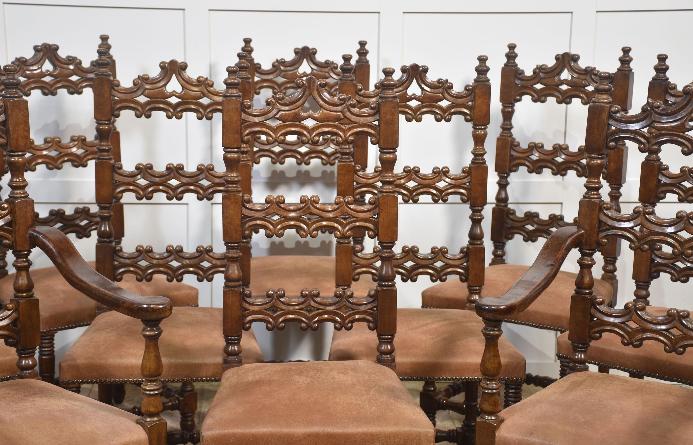 British Set of Ten Antique Walnut High-Back Dining Chairs For Sale