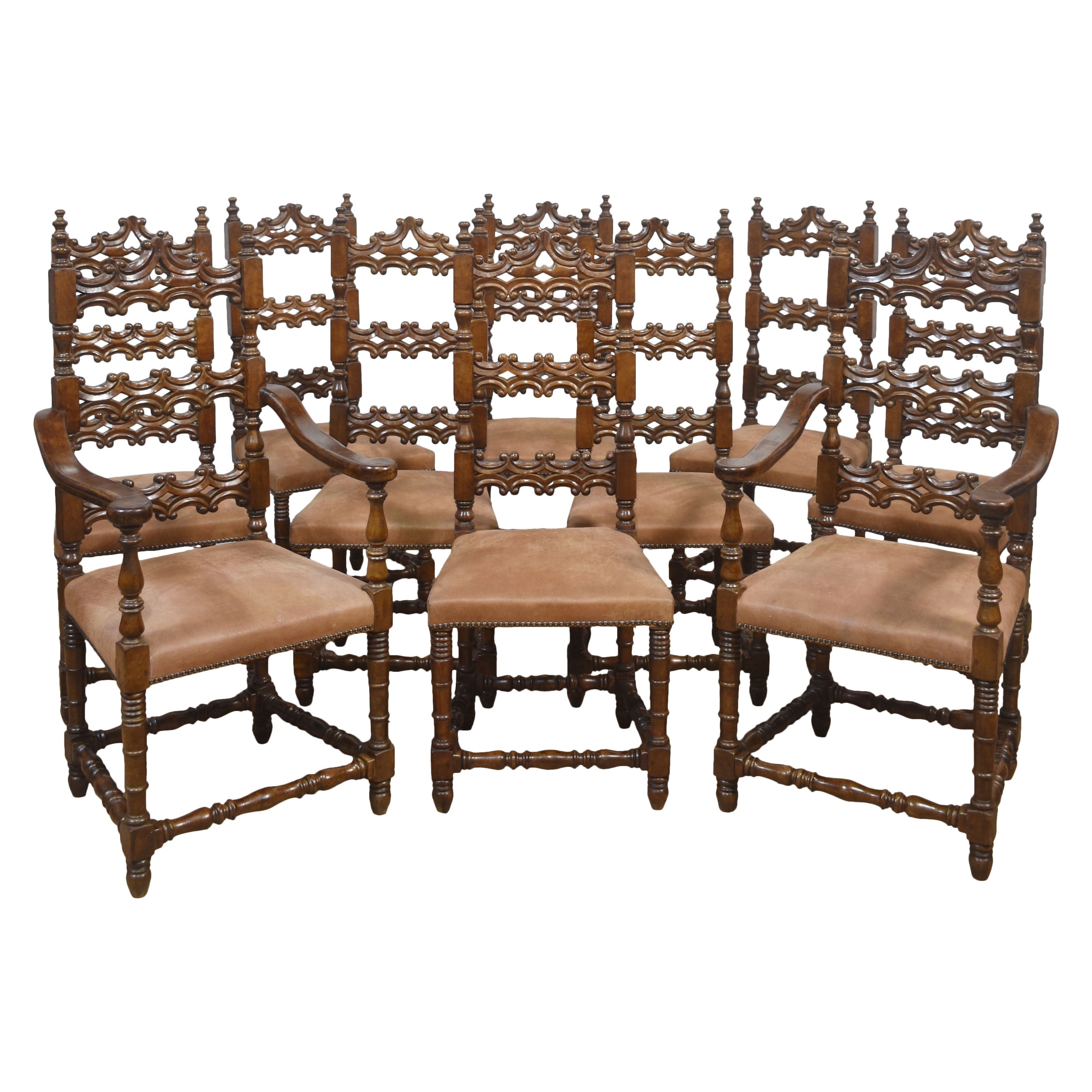 Set of Ten Antique Walnut High-Back Dining Chairs For Sale