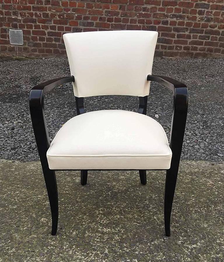 French Set of Ten Art Deco Armchairs in Blackened Wood and Ivory Color Leather  For Sale