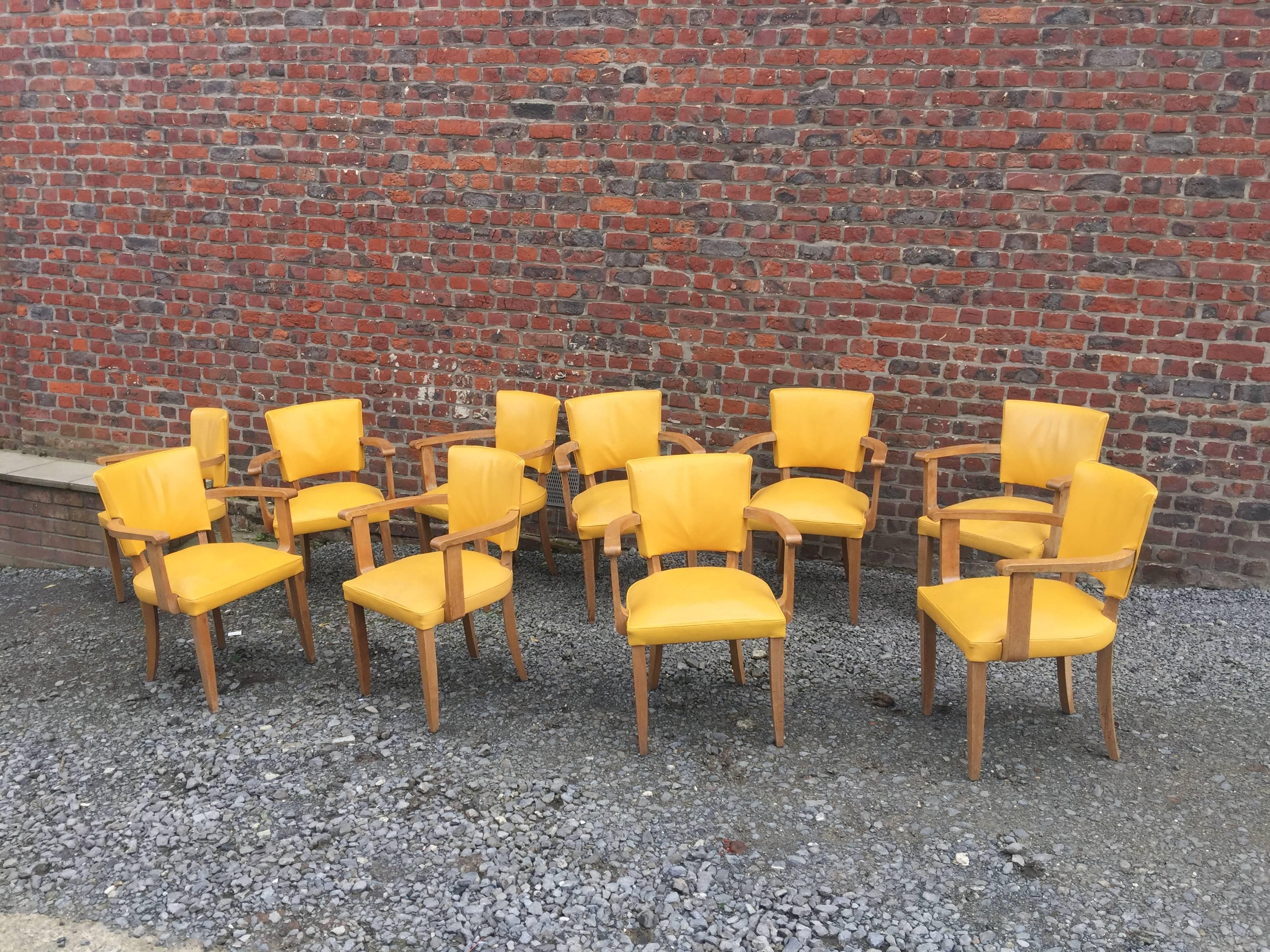 French Set of Ten Art Deco Armchairs in Oak and Leather, circa 1940 For Sale