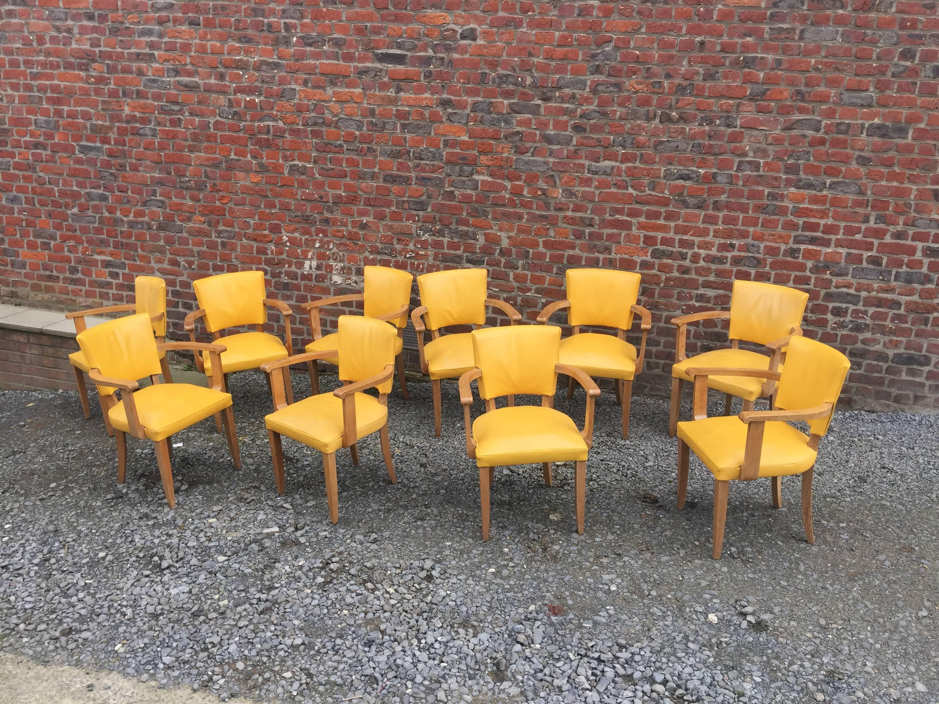 Set of Ten Art Deco Armchairs in Oak and Leather, circa 1940 For Sale 4