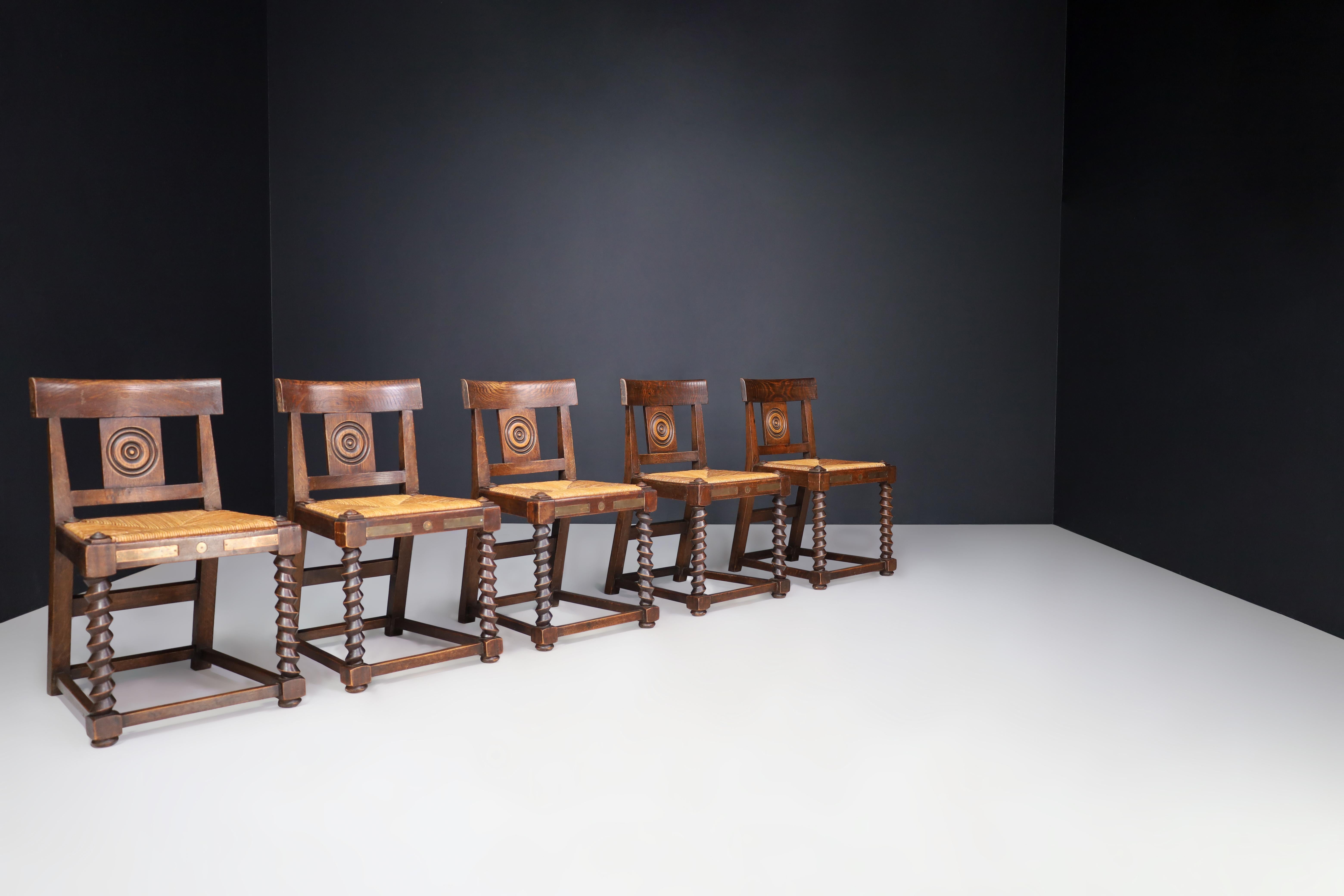 Set of ten Art-deco Oak and Rush Dining Room Chairs, France 1940s 3