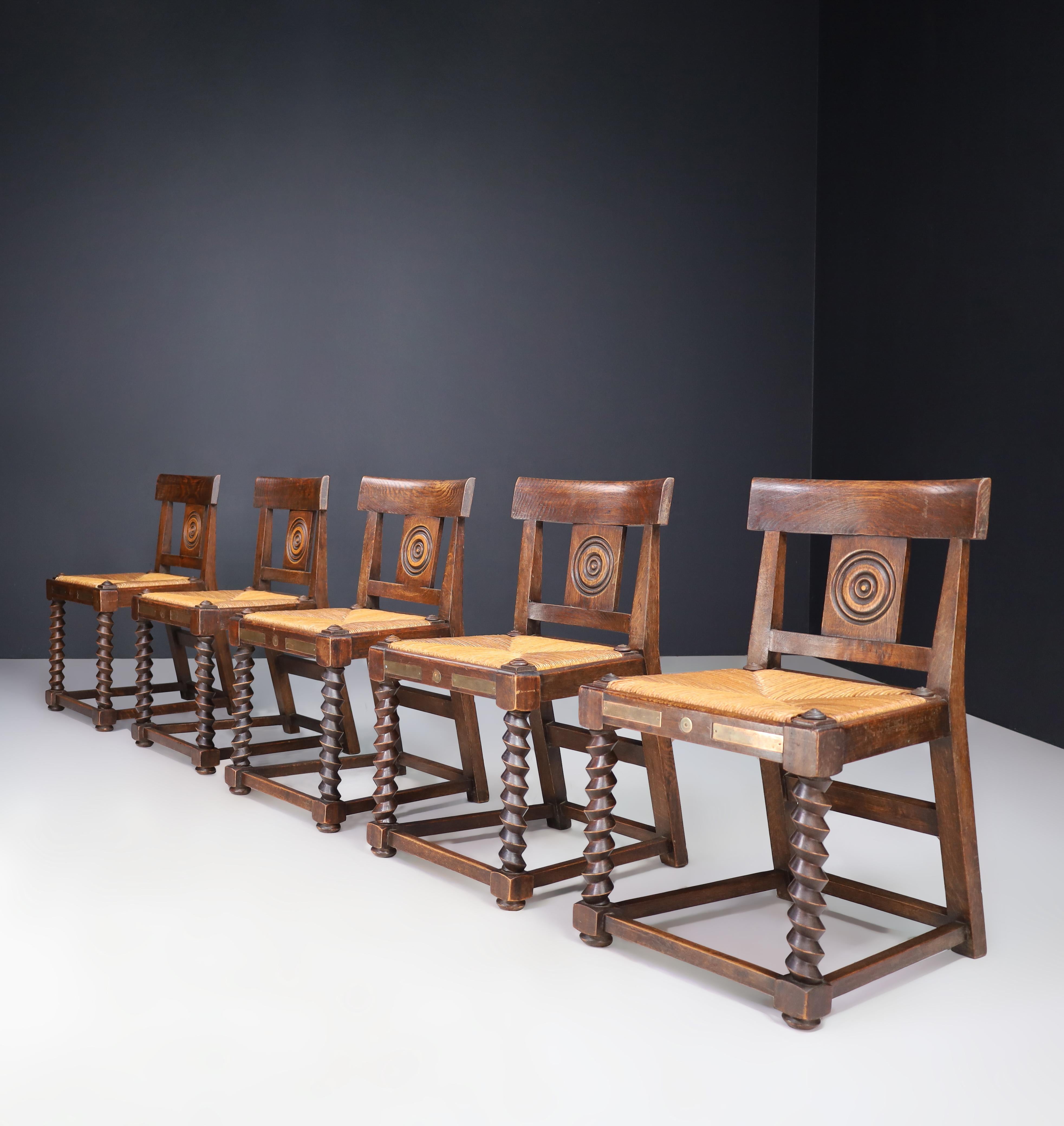 Set of ten Art-deco Oak and Rush Dining Room Chairs, France 1940s 5