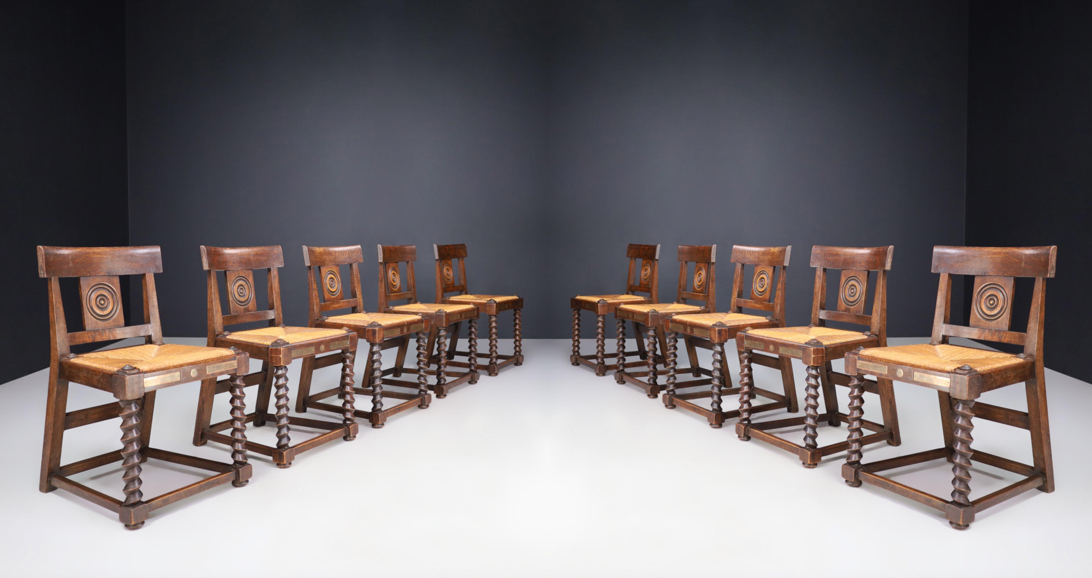 Brass Set of ten Art-deco Oak and Rush Dining Room Chairs, France 1940s