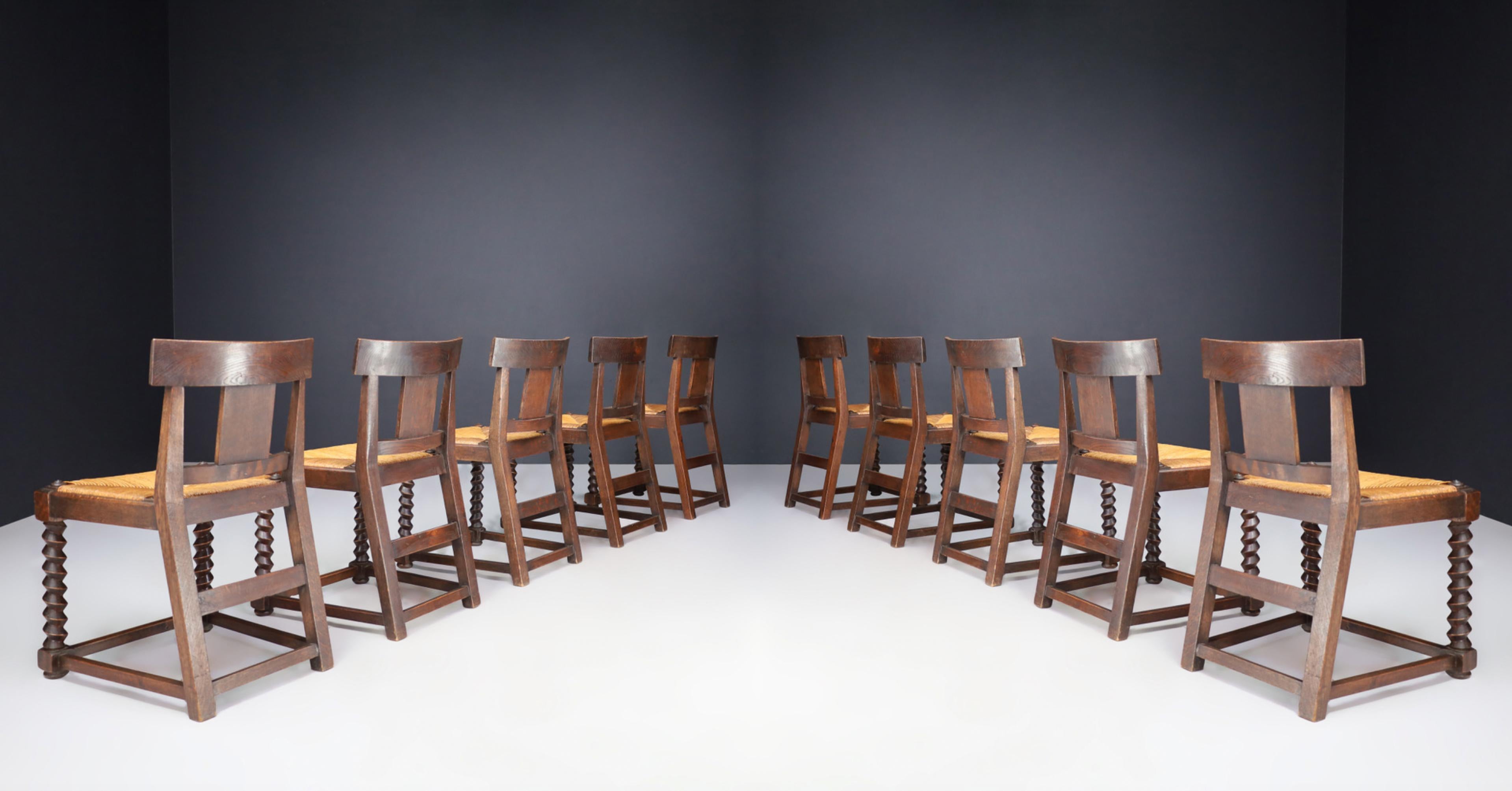 Set of ten Art-deco Oak and Rush Dining Room Chairs, France 1940s 1