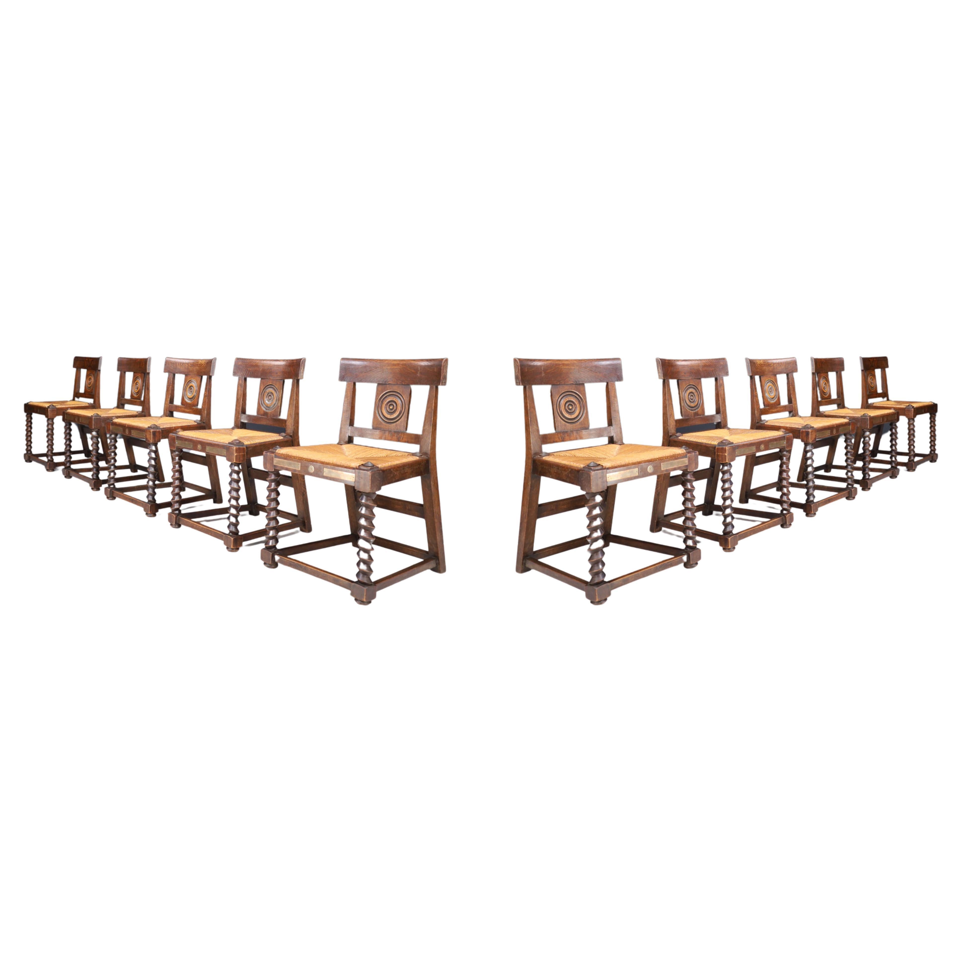 Set of ten Art-deco Oak and Rush Dining Room Chairs, France 1940s