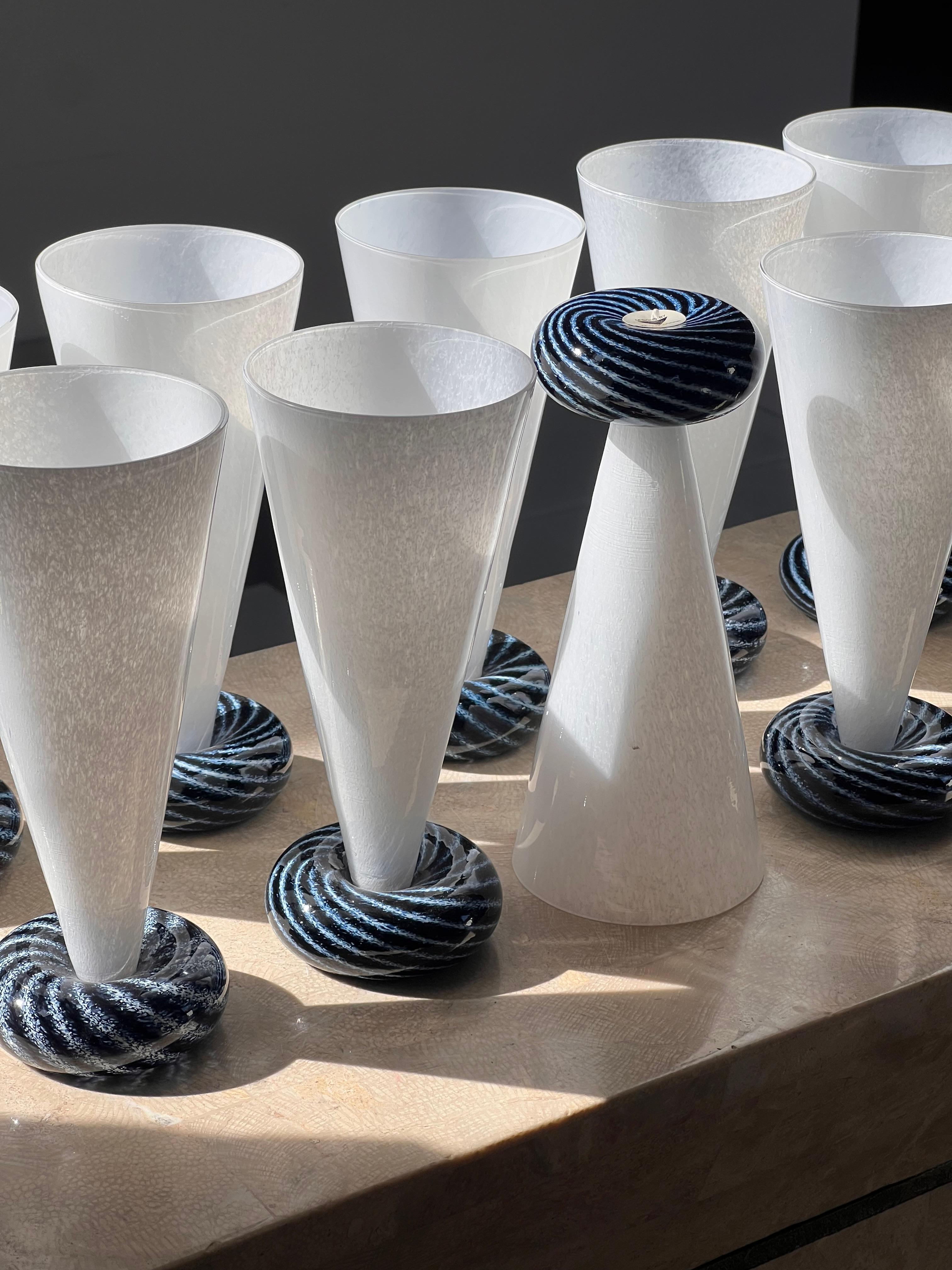 Post-Modern Set of ten art glass champagne flutes by R. Guy Corrie, late 20th century