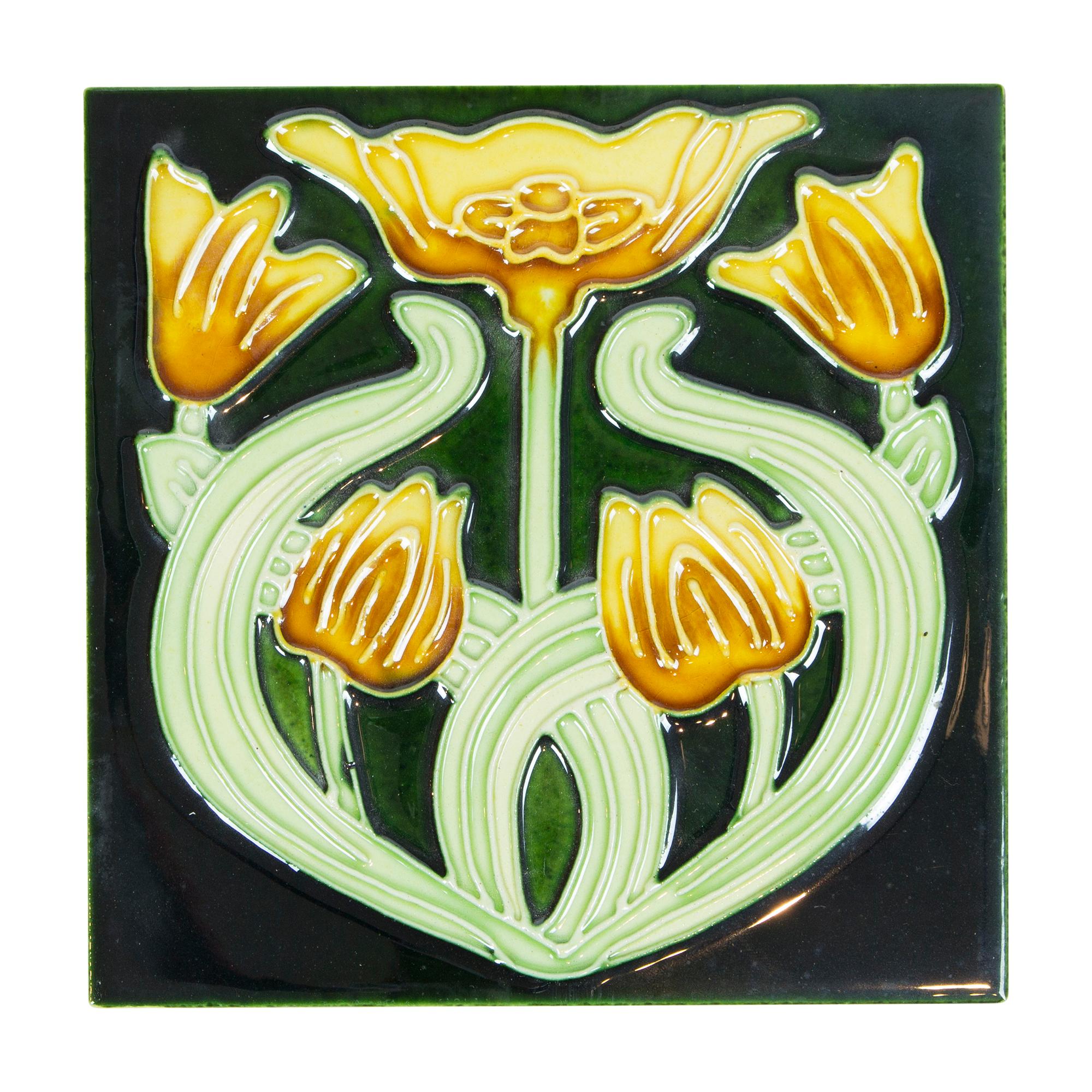 Beautiful 10 ceramic tiles in Art Nouveau style. With a great floral ornament in the form of an embossed relief with glaze coating. The tiles are similarly handcrafted as around 1900, the difference is basically only the uniform format. The glaze