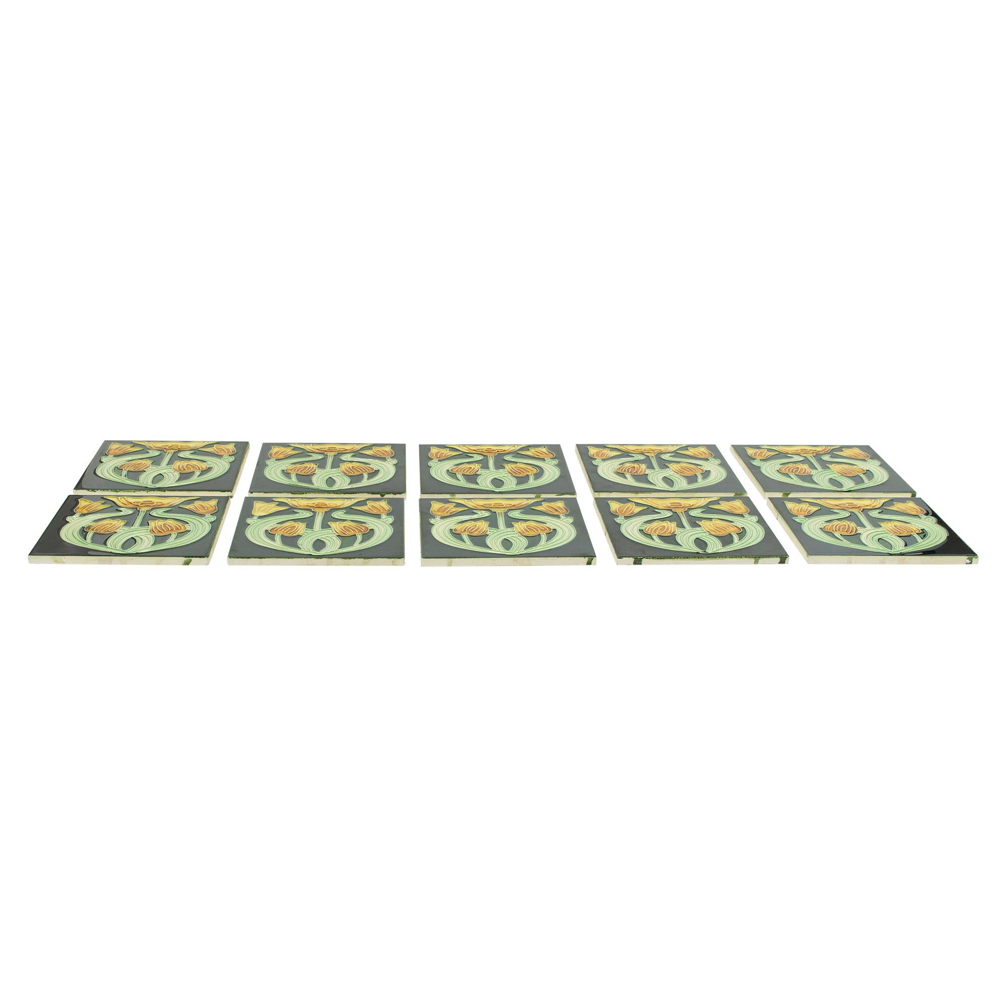 German Set of Ten Art Nouveau Floral Glazed Tiles For Sale