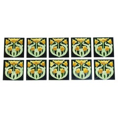 Set of Ten Art Nouveau Floral Glazed Tiles