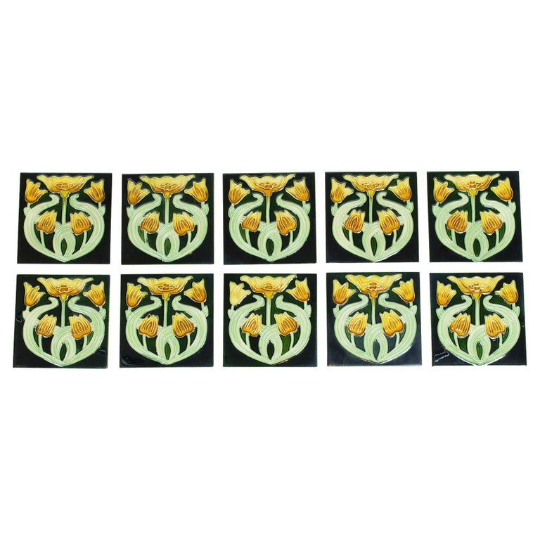 Set of Ten Art Nouveau Floral Glazed Tiles For Sale at 1stDibs