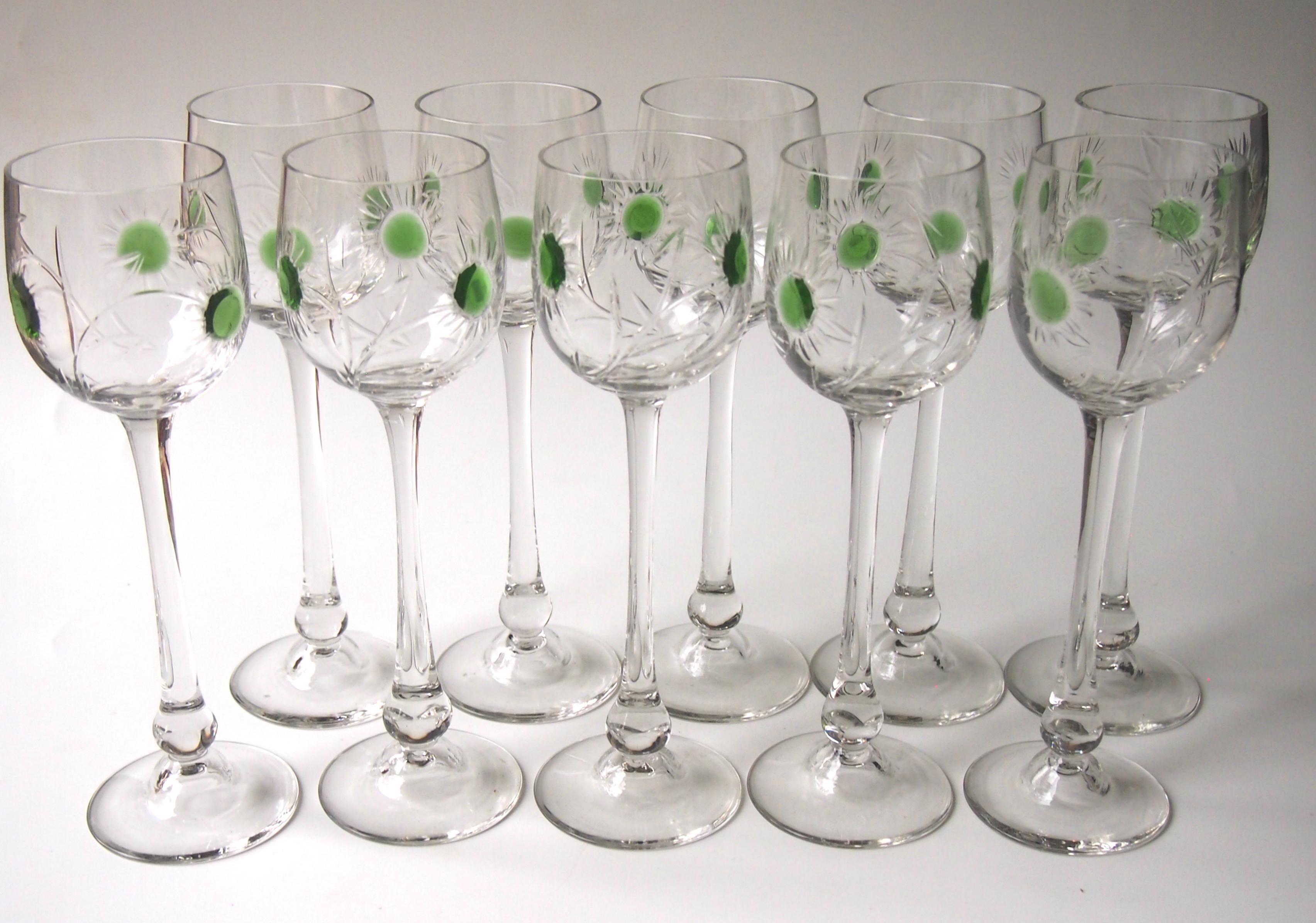 Set of Ten Art Nouveau German Jean Beck Crystal Glass Hock Glasses For Sale 5