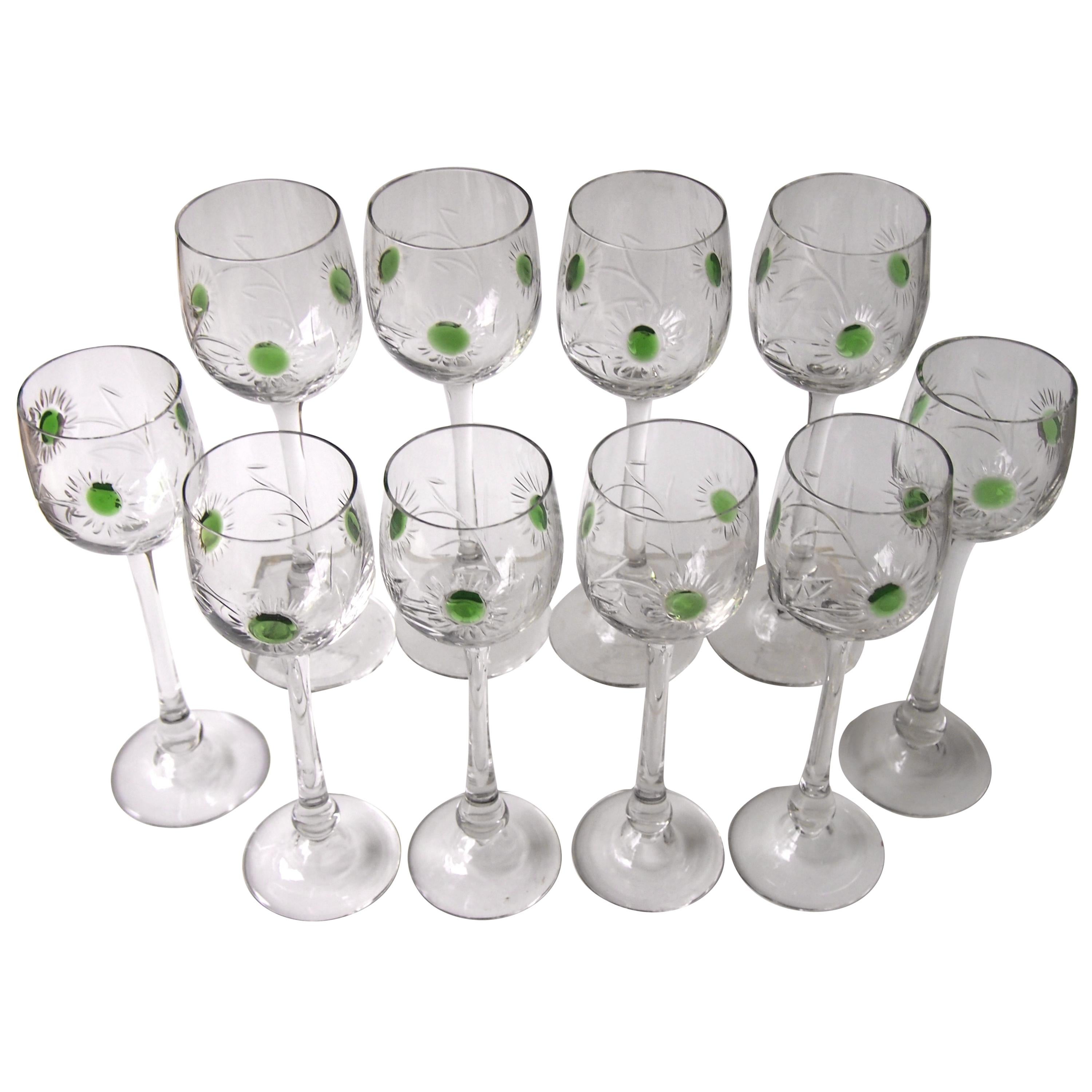 Set of Ten Art Nouveau German Jean Beck Crystal Glass Hock Glasses For Sale