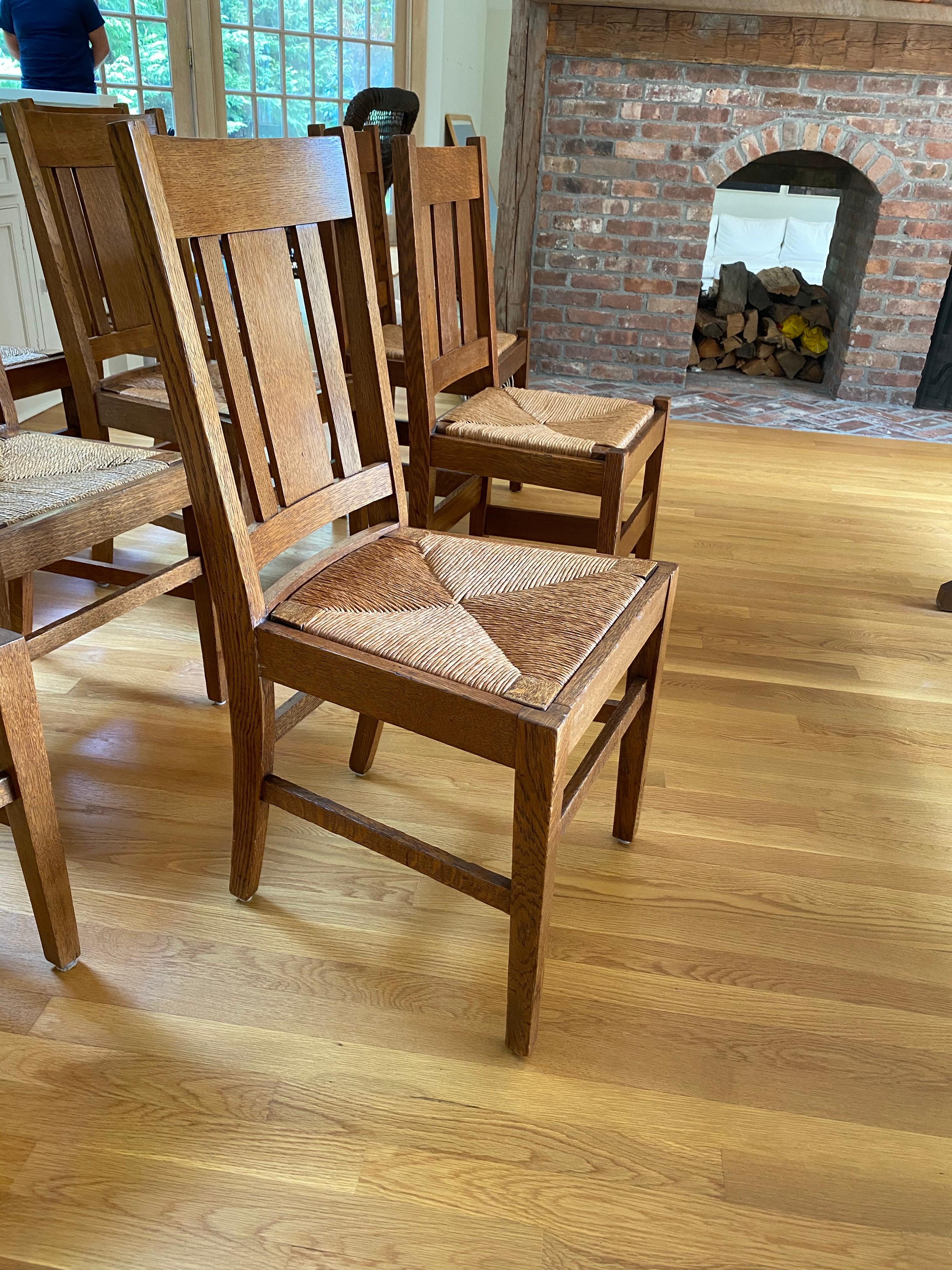 Set of Ten Arts & Crafts Stickley Style Oak Dining Chairs In Good Condition In Southampton, NY