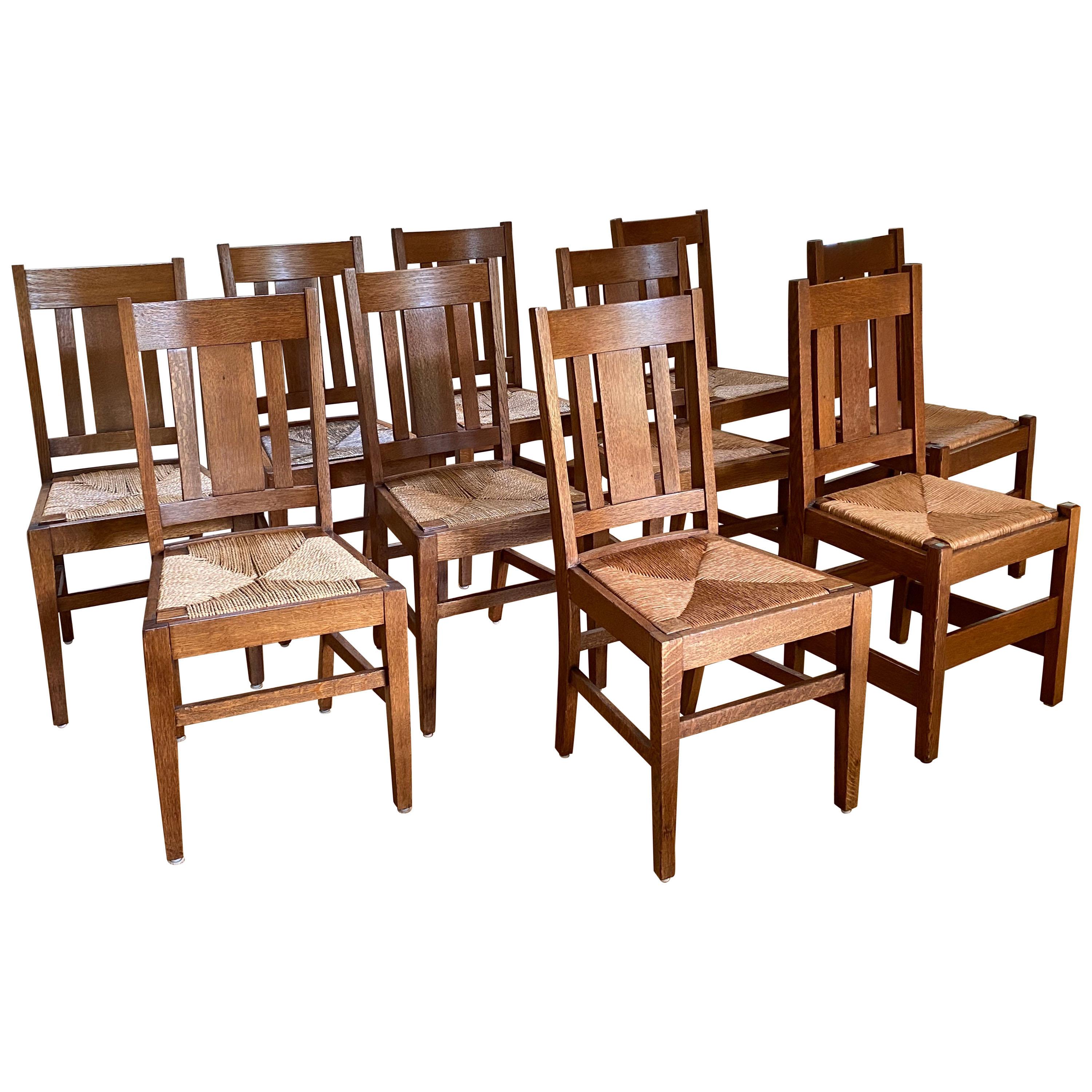 Set of Ten Arts & Crafts Stickley Style Oak Dining Chairs