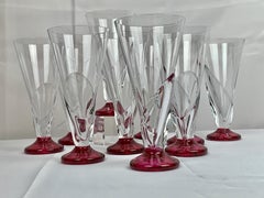 Set of Ten Vintage Assymetrical Clear Glasses with Cranberry Glass Bases