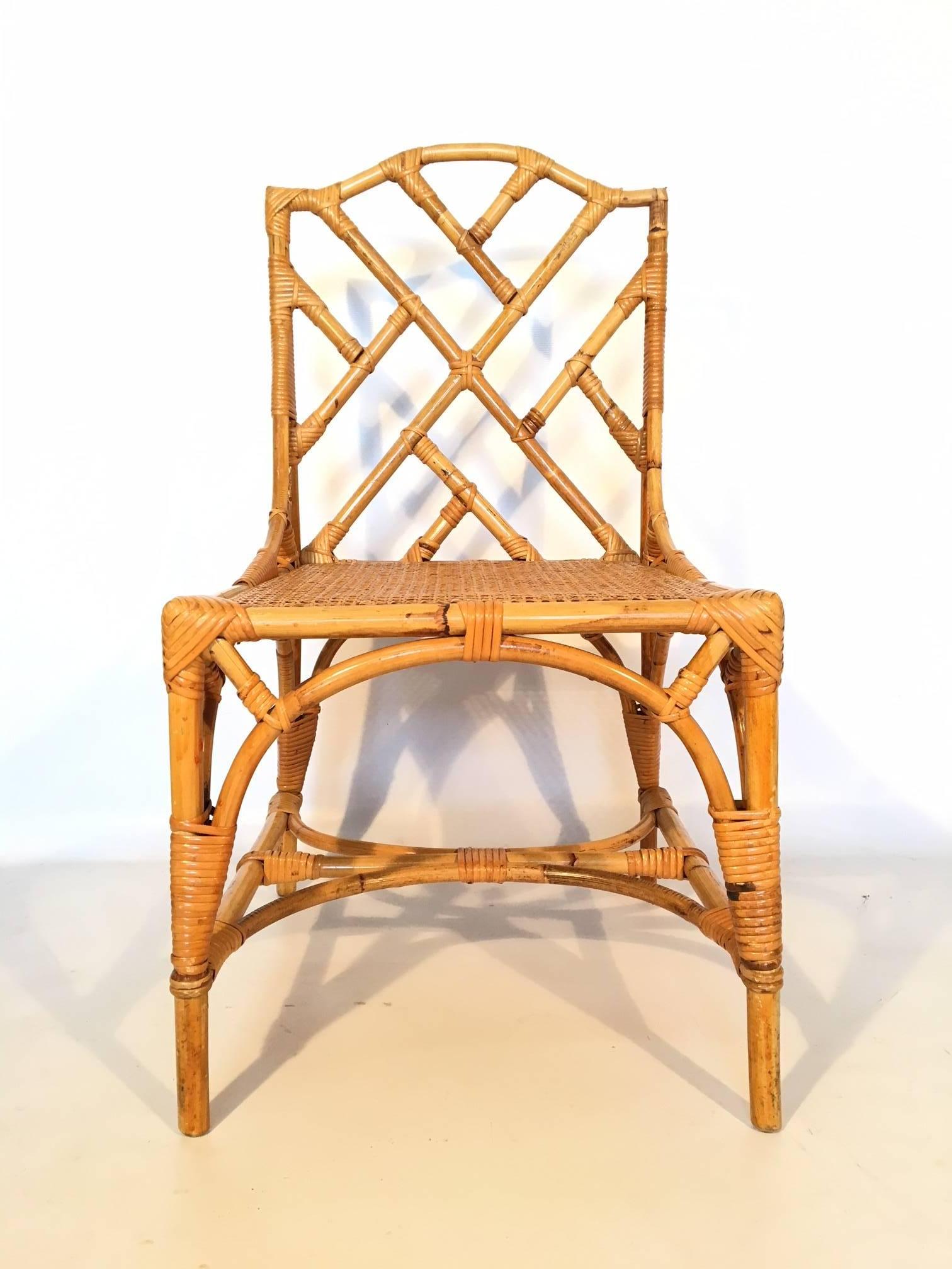 Hollywood Regency Set of Ten Bamboo Chinese Chippendale Cockpen Cane Seat Dining Chairs