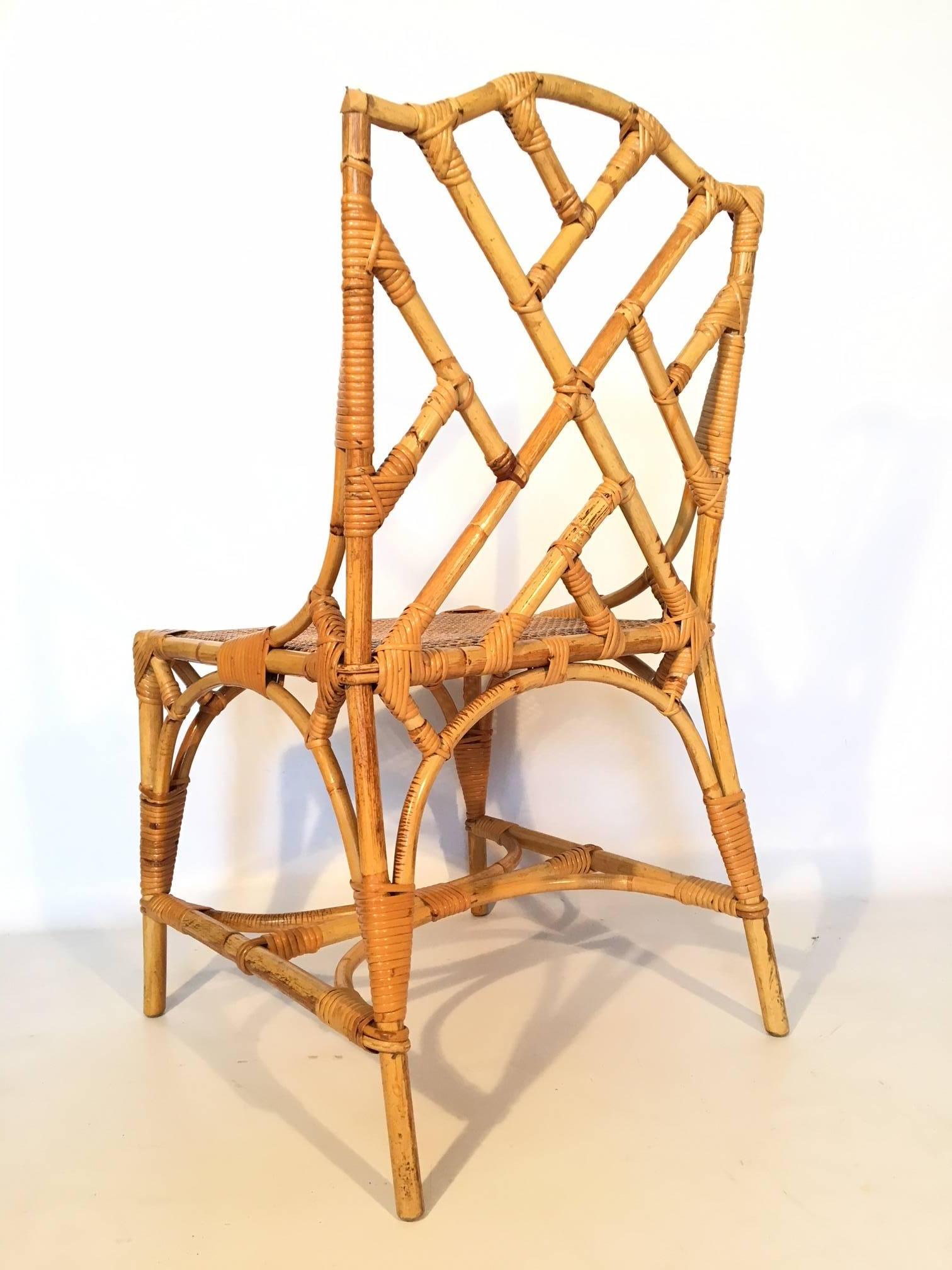 20th Century Set of Ten Bamboo Chinese Chippendale Cockpen Cane Seat Dining Chairs