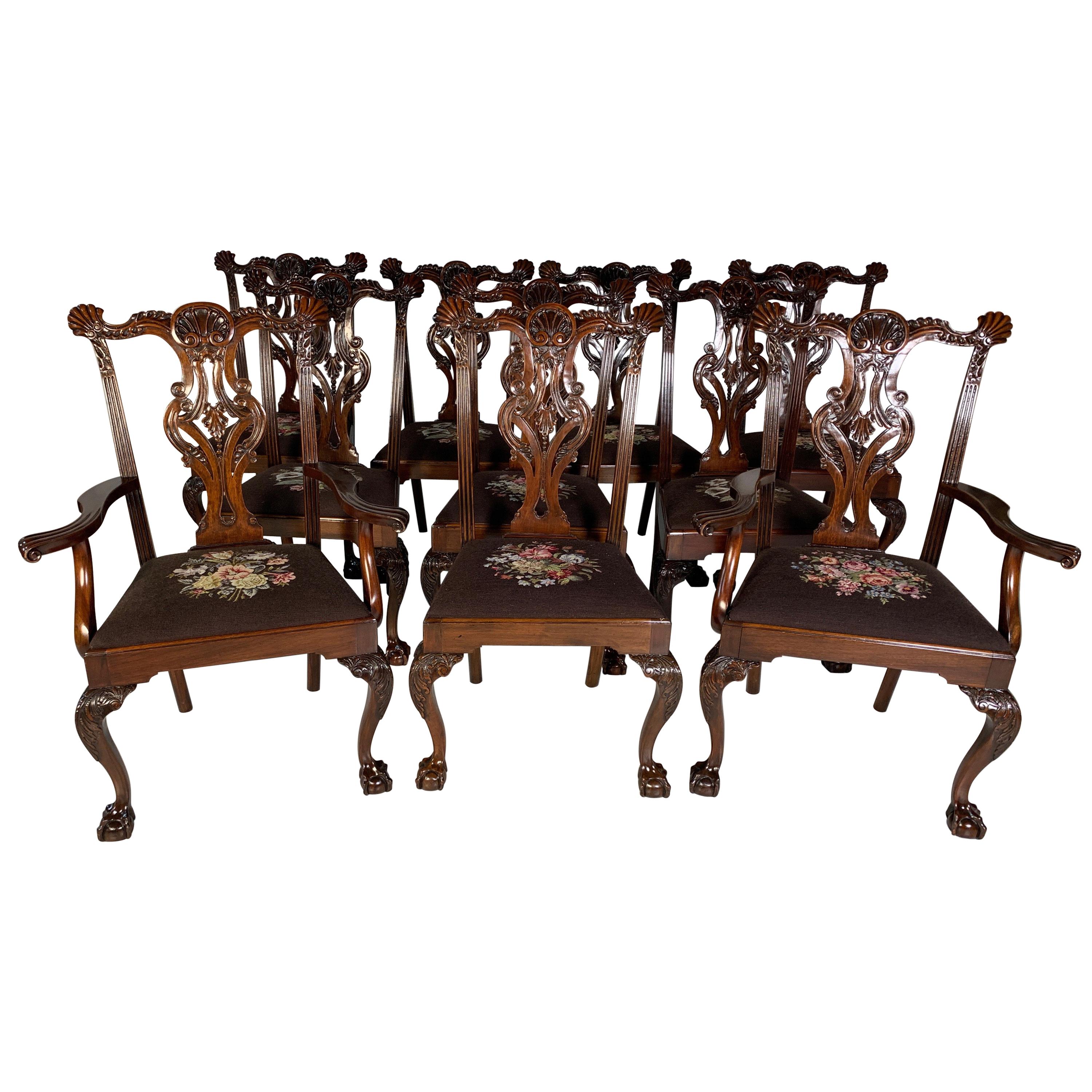 Set of Ten Beautifully Hand Carved Mahogany Chippendale Style Chairs, circa 1870