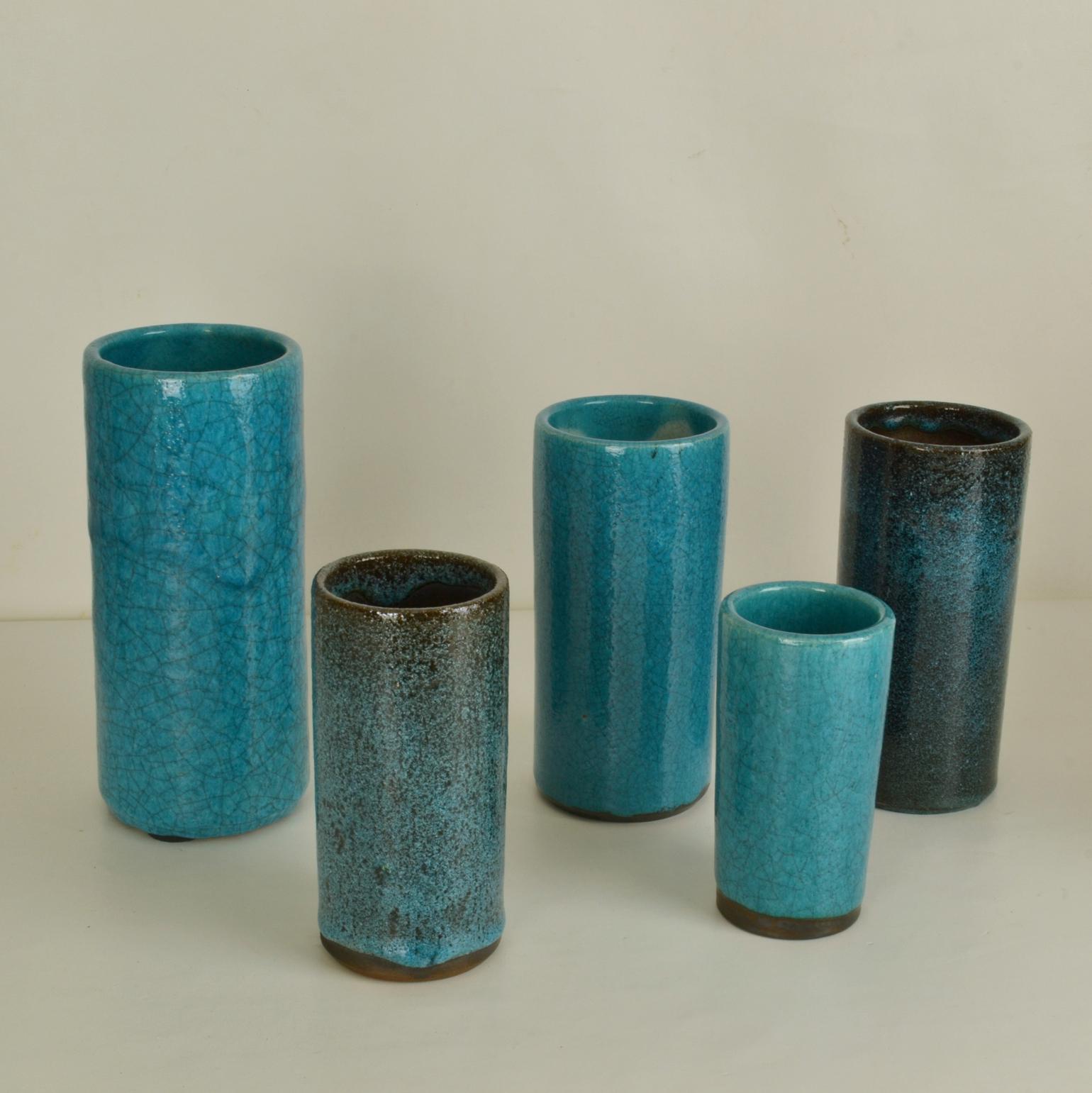 Set of Ten Blue Ceramic Cylinder Vases by Groeneveldt For Sale 3