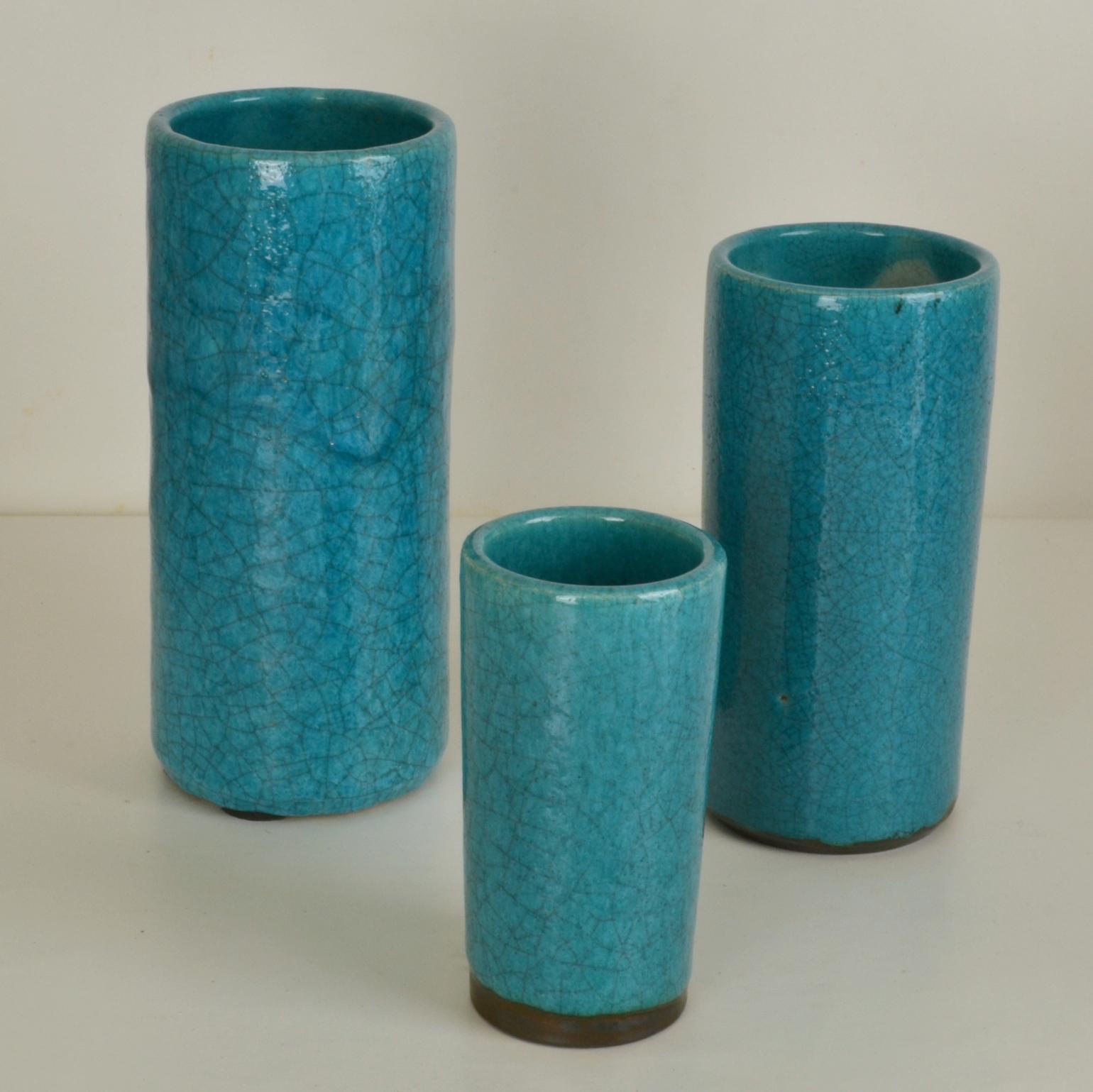Set of Ten Blue Ceramic Cylinder Vases by Groeneveldt For Sale 4