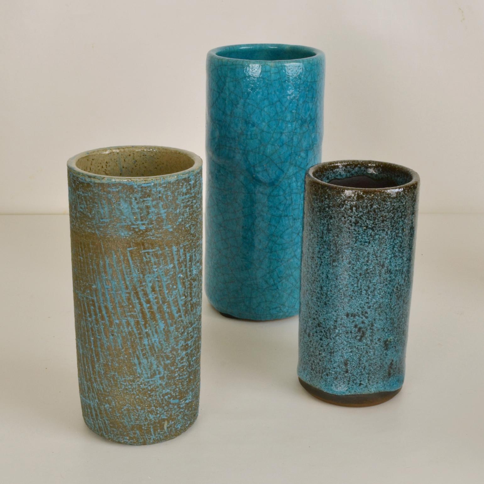Set of Ten Blue Ceramic Cylinder Vases by Groeneveldt For Sale 6
