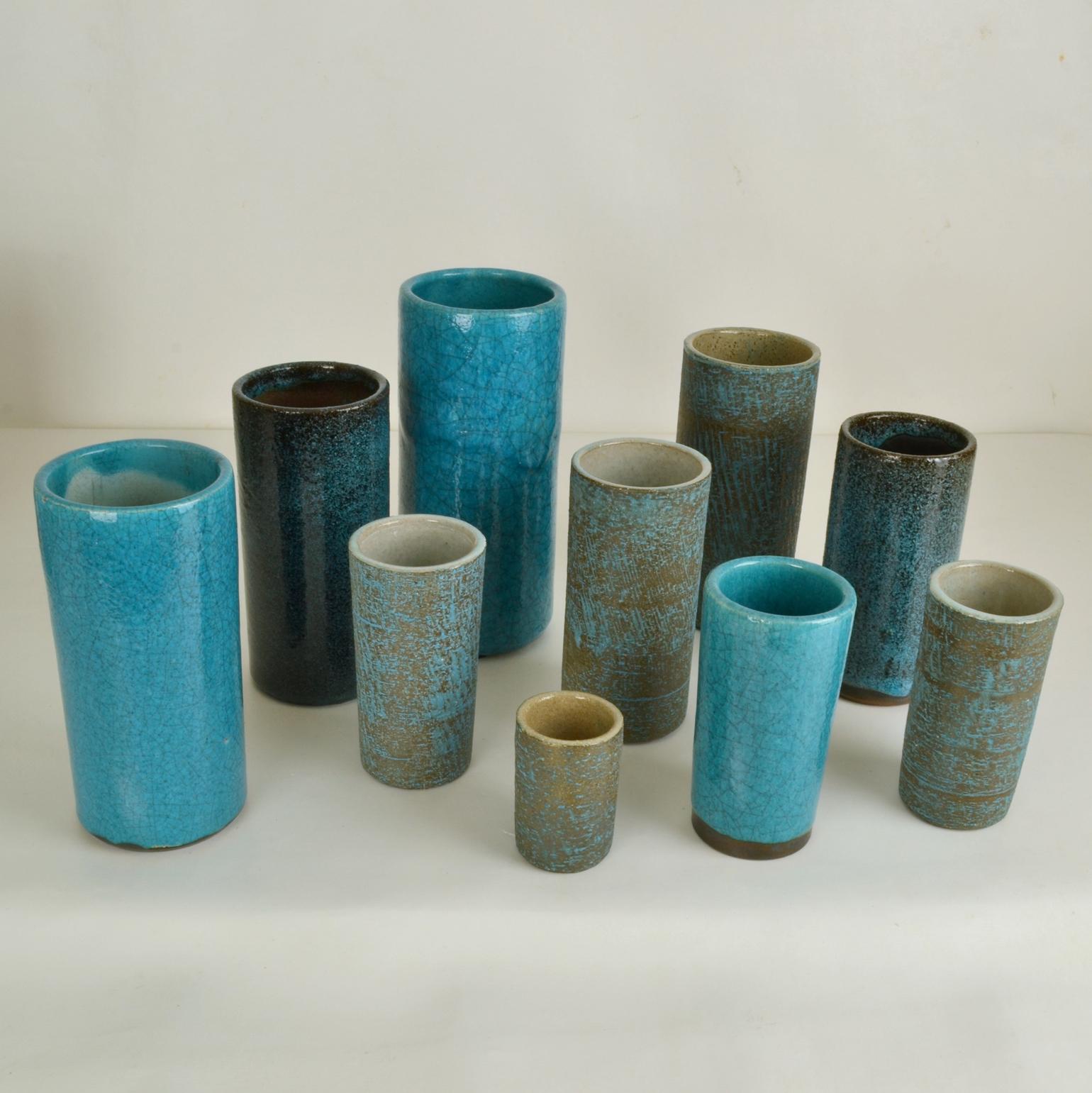 Mid-Century Modern Set of Ten Blue Ceramic Cylinder Vases by Groeneveldt For Sale