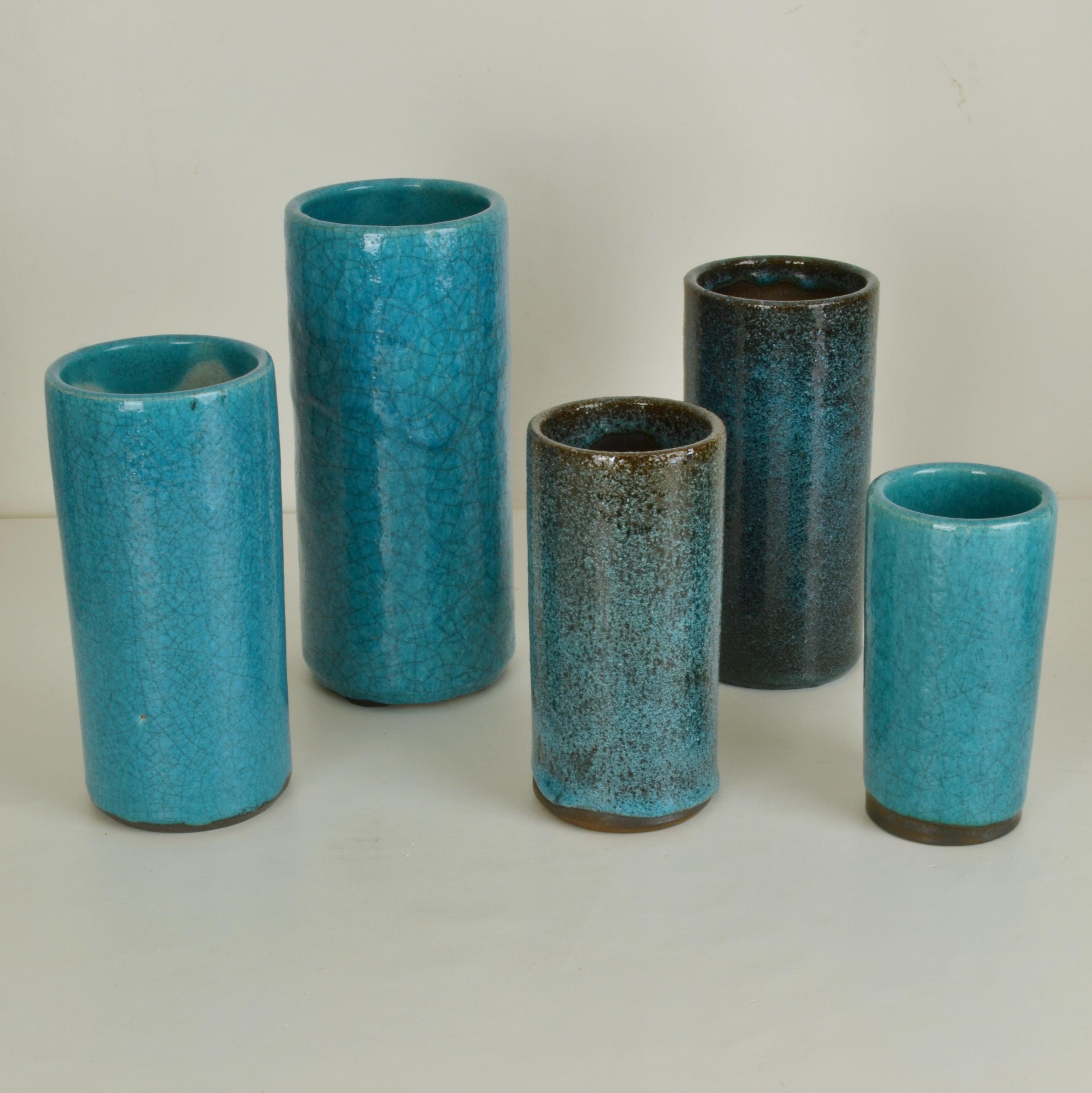Dutch Set of Ten Blue Ceramic Cylinder Vases by Groeneveldt For Sale
