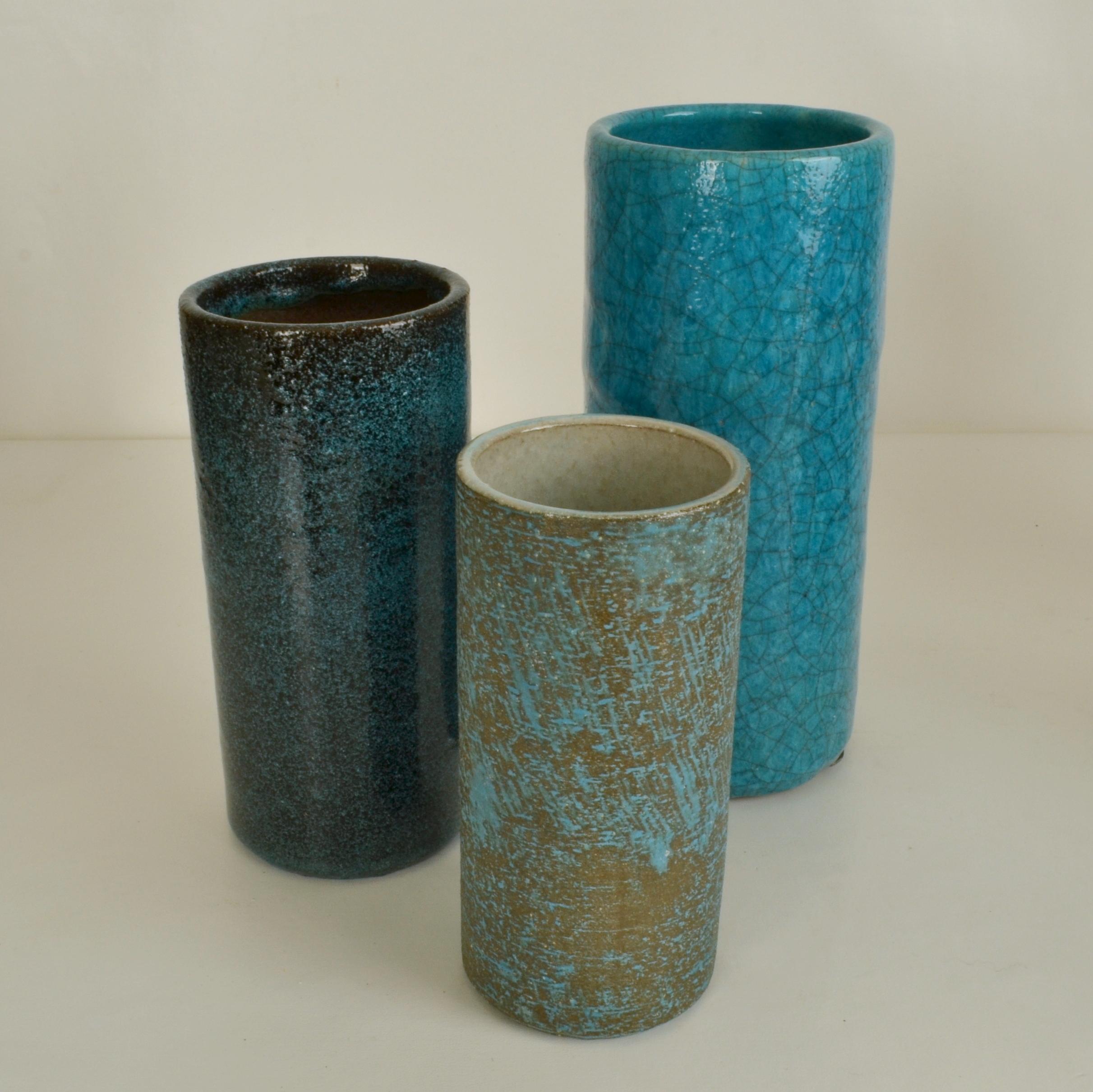 Set of Ten Blue Ceramic Cylinder Vases by Groeneveldt In Excellent Condition For Sale In London, GB